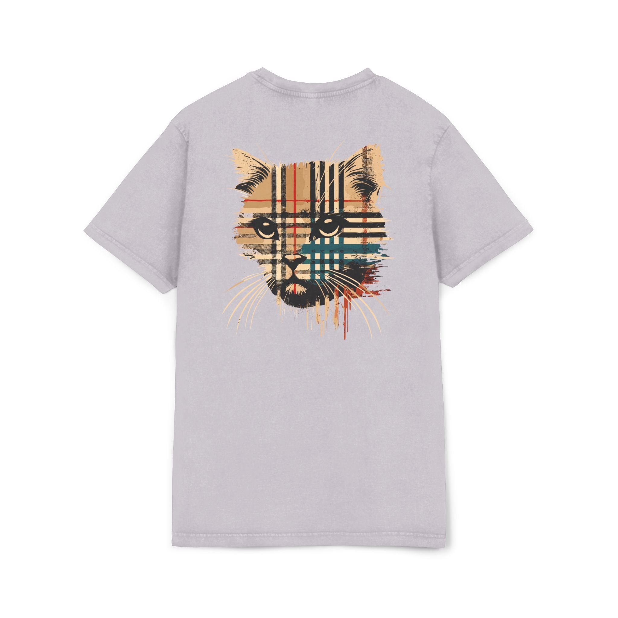 Back view of Purrberry London Spray Crest Soft Lilac Cat Graphic T Shirt, cat print tee shirts