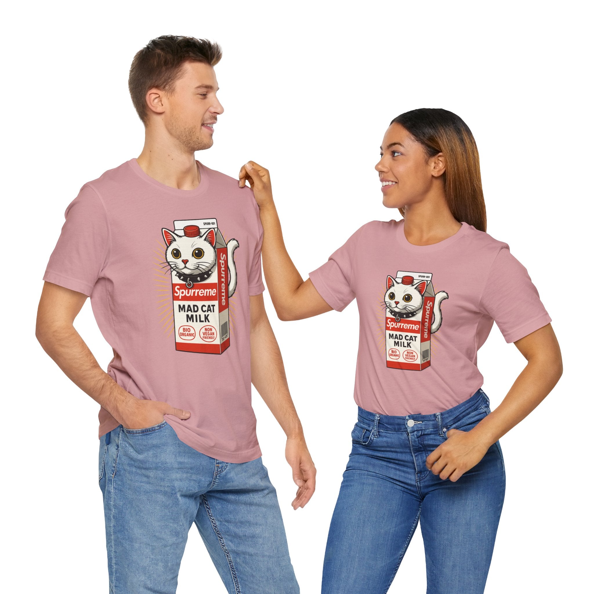 Couple wearing Spurreme Mad Cat Organic Milk T-Shirts in Pink Orchid – funny t shirts for men, funny tees for women