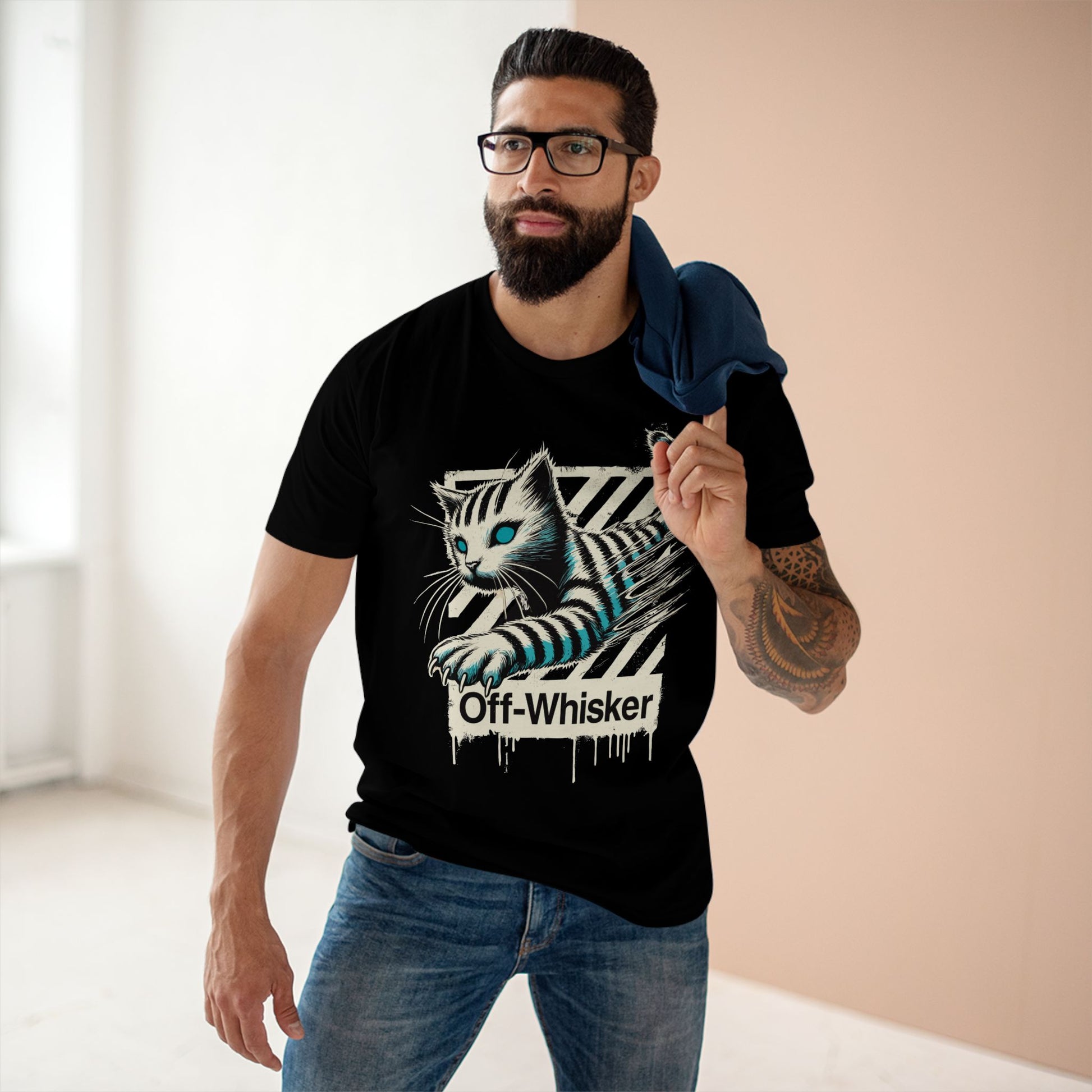 Model wearing black cat t shirt – Off-Whisker Phantom Pounce, unisex shirt for cat lovers