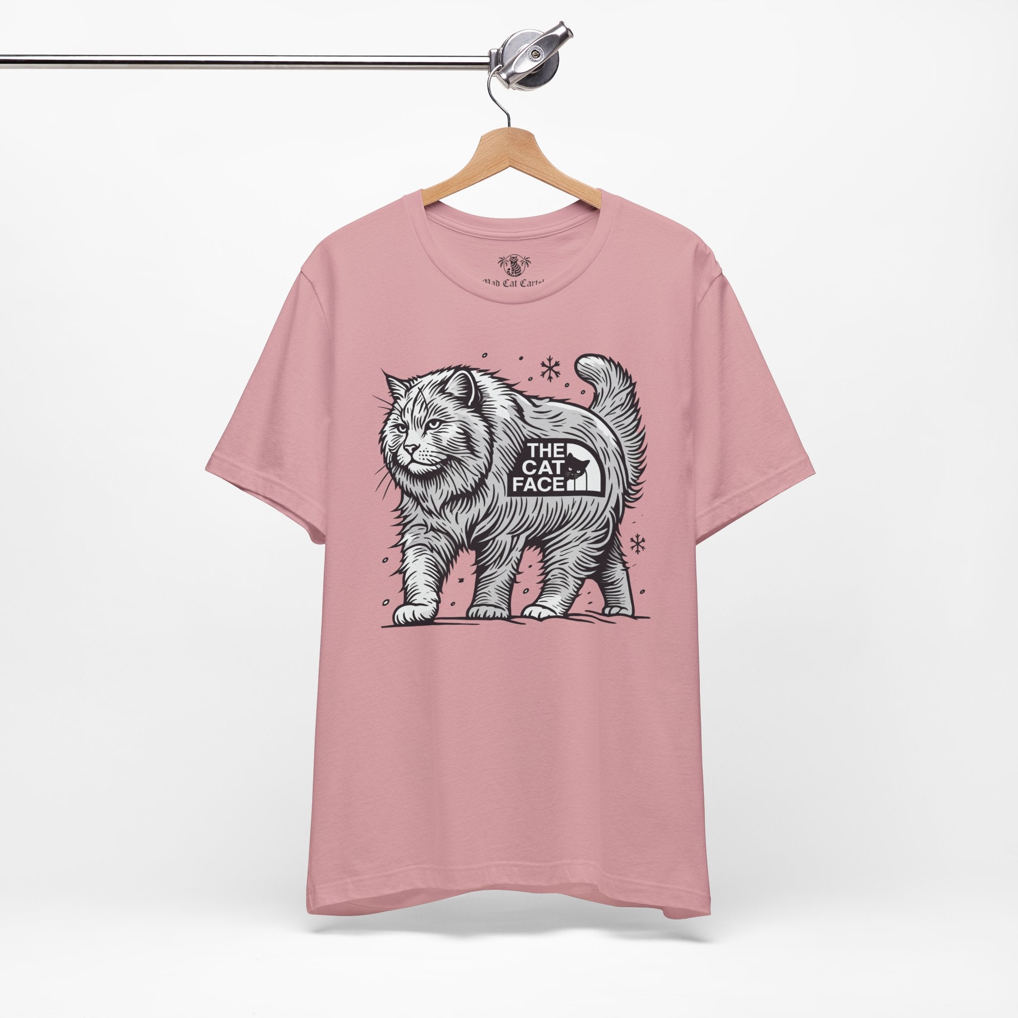 Orchid Pink Snow Explorer cat shirt on hanger – cat face shirt
