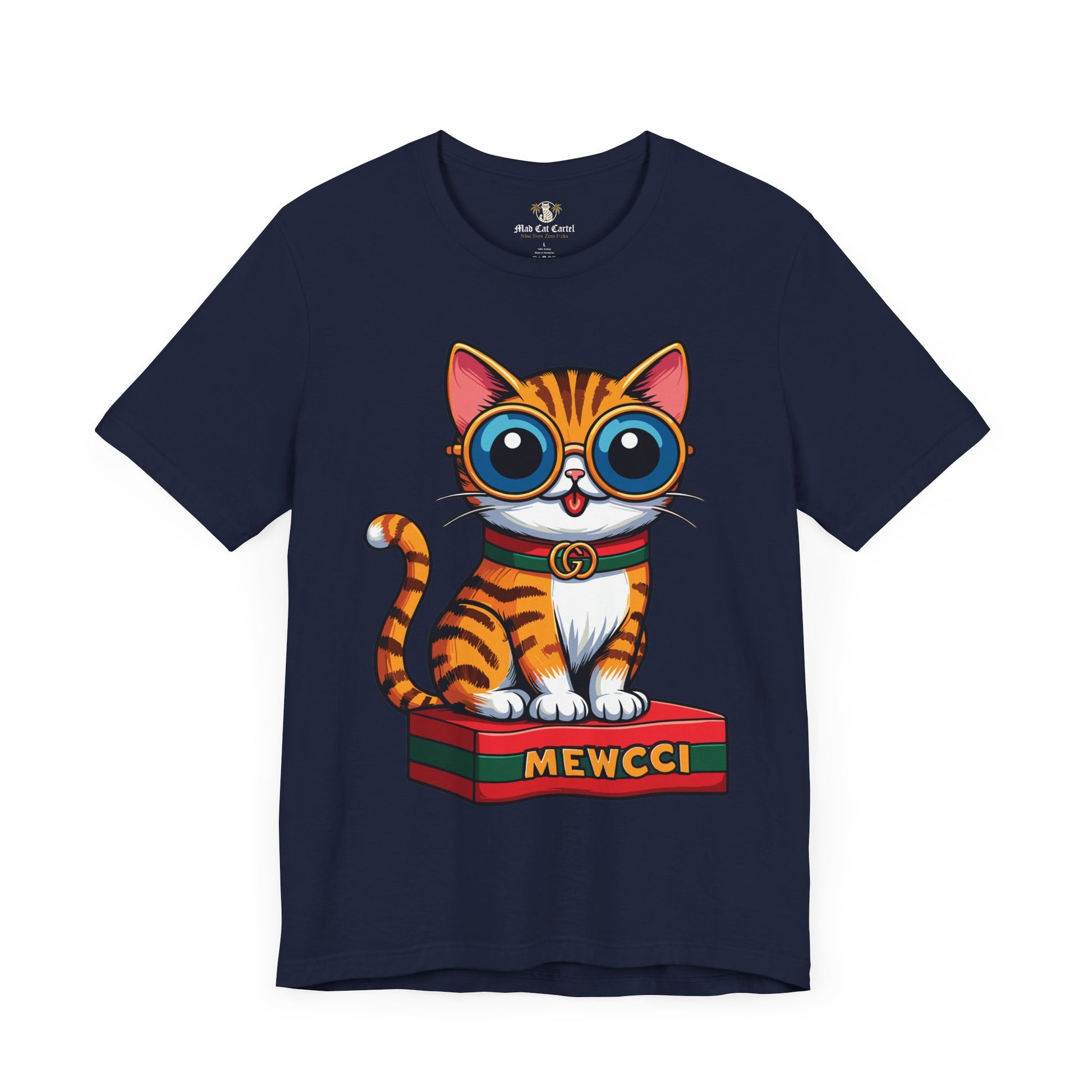 Front view Mewcci Iconic Box Cat Graphic T-Shirt for cat lovers in Navy

