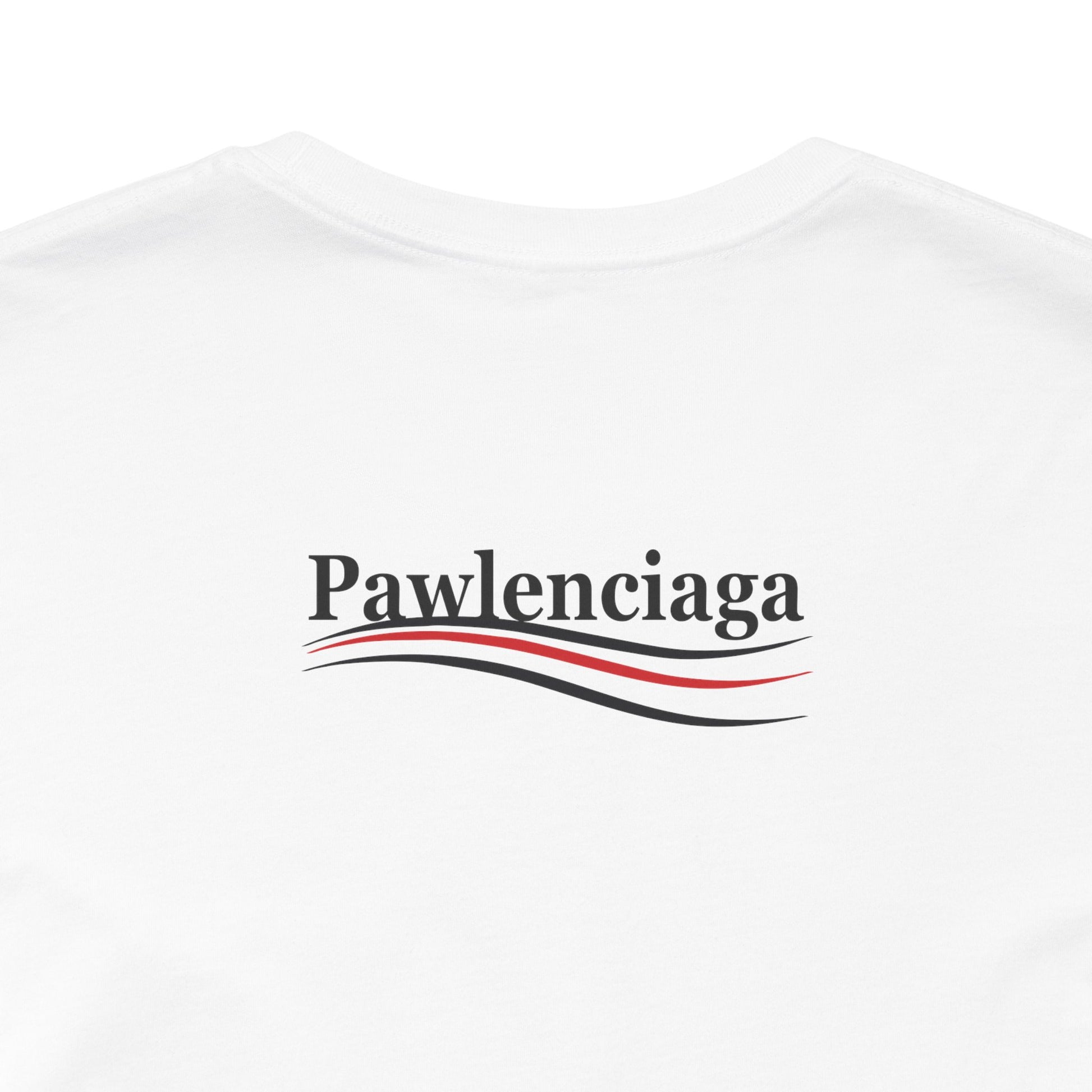 white Pawlenciaga cat tee, back logo detail close up, cat lover shirts