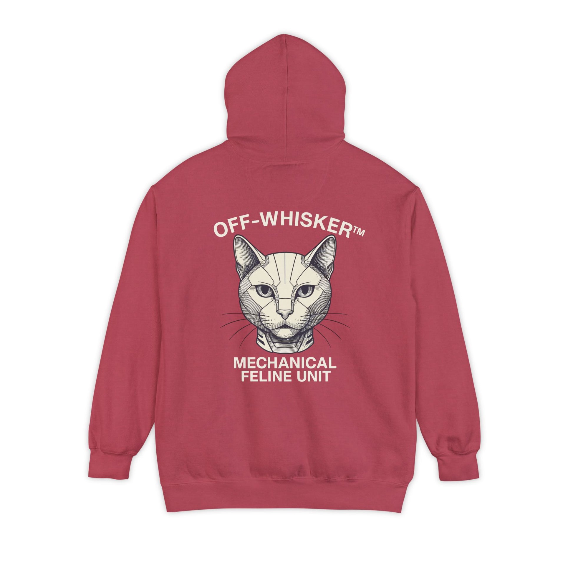 Back view of Off-Whisker crimson red hoodie with mechanical cat artwork, cat lover hoodie