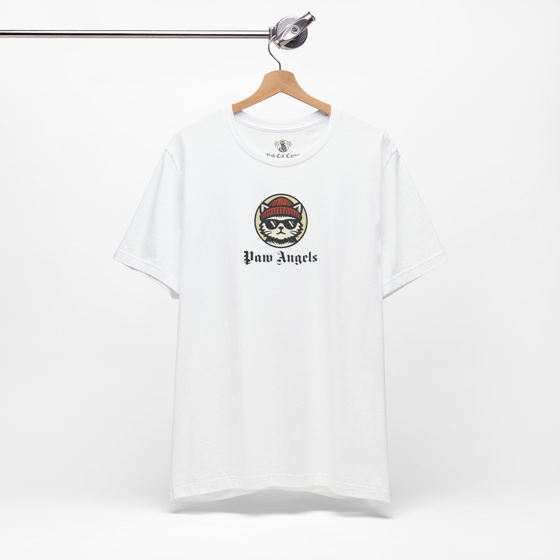 White Paw Angels Born to Fly graphic cat t-shirt on hanger – cats t shirt design