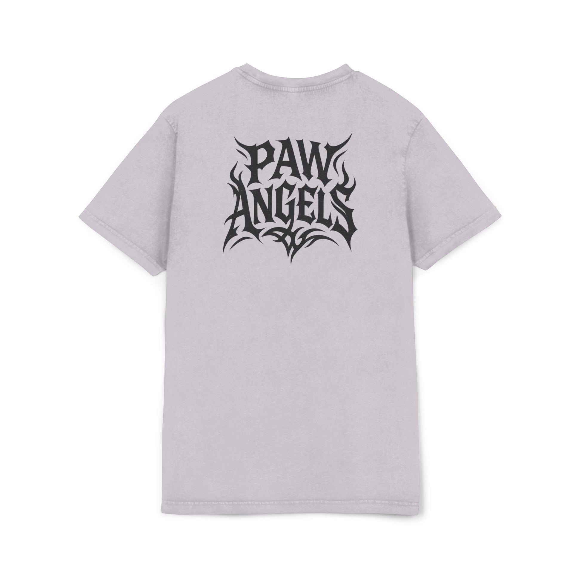 Paw Angels Rebel Angel Acid Washed T-Shirt back view, cat shirts for women, soft lilac