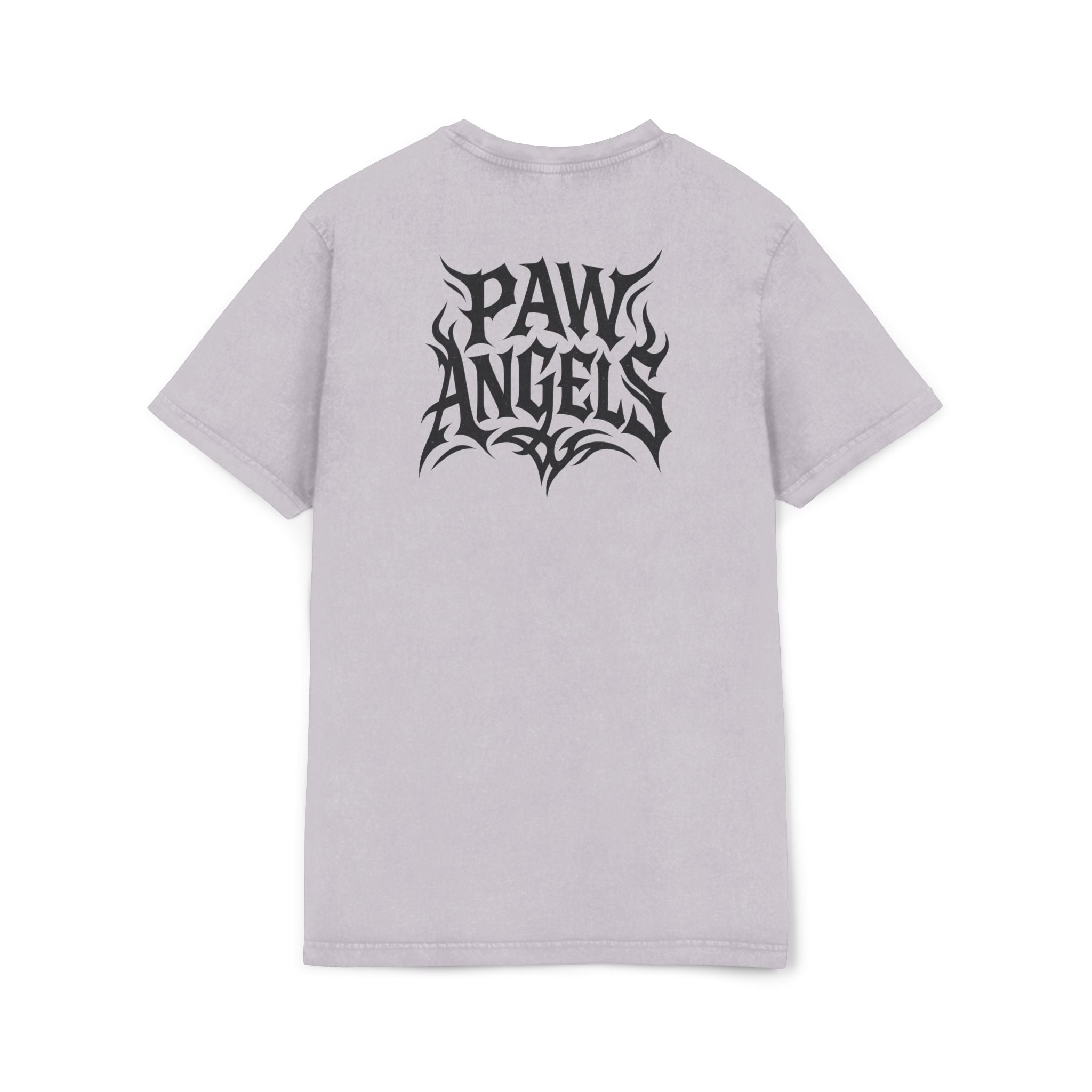 Paw Angels Rebel Angel Acid Washed T-Shirt back view, cat shirts for women, soft lilac