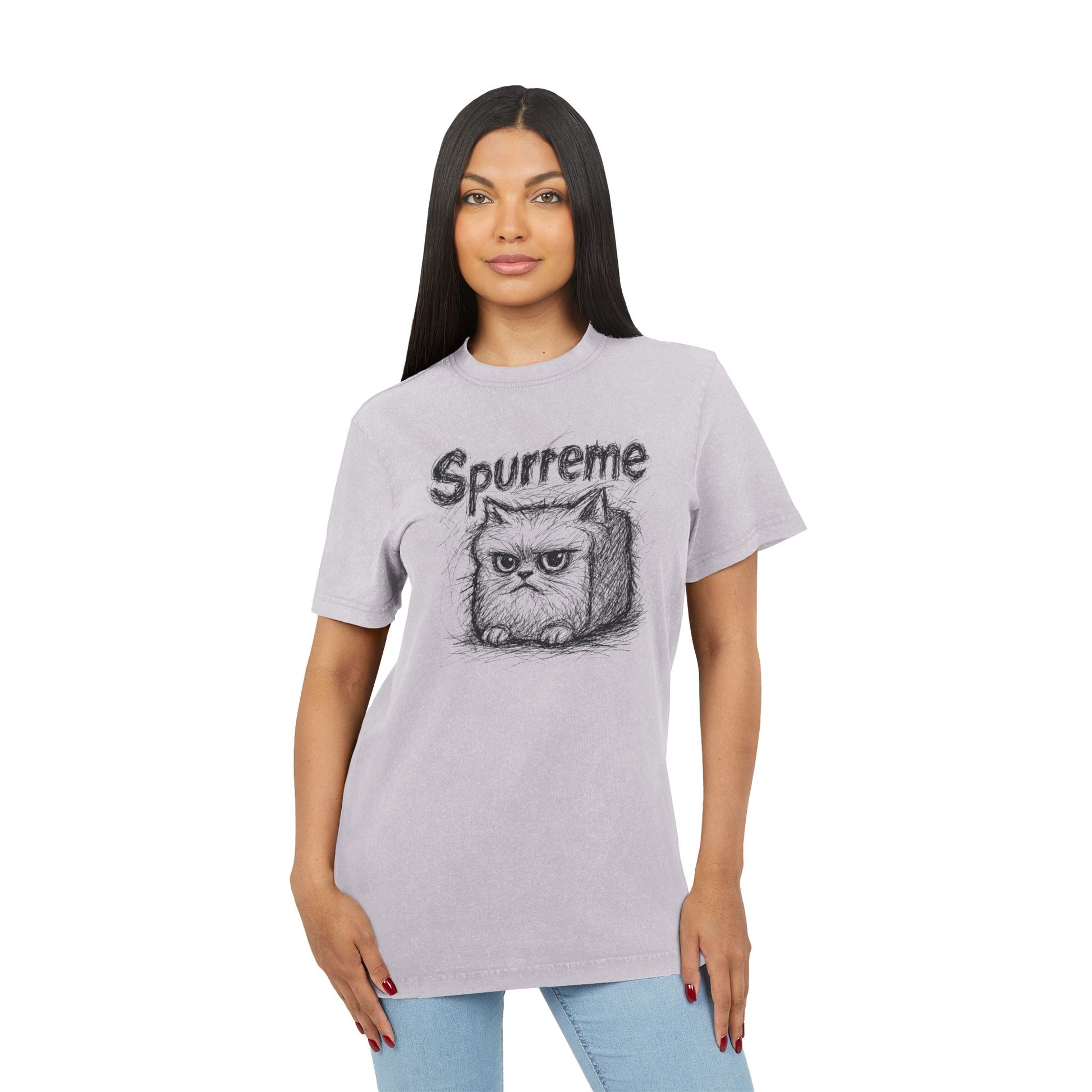 female model wearing Spurreme sketch cat graphic shirt, cat lover tee