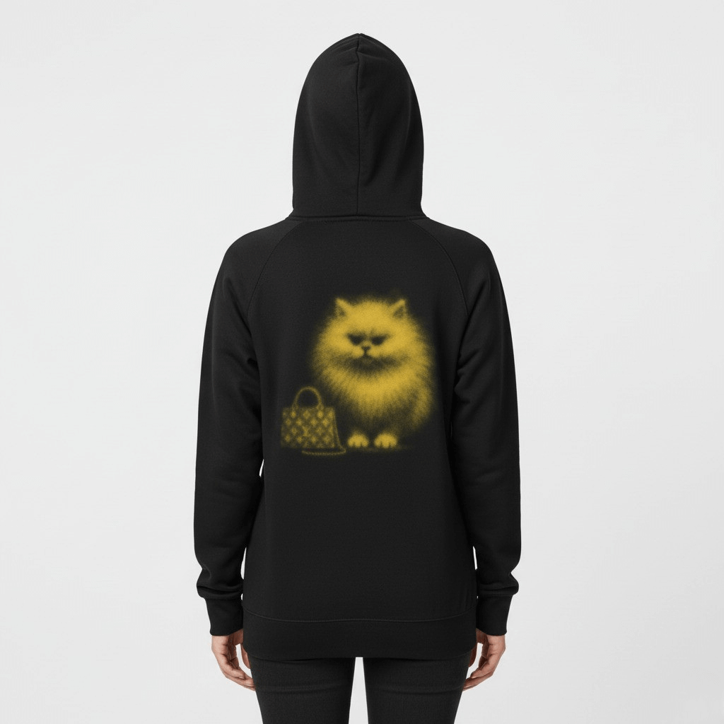 Woman modeling Louis Mewtton chest logo cat hoodie, stylish cat womens hoodie