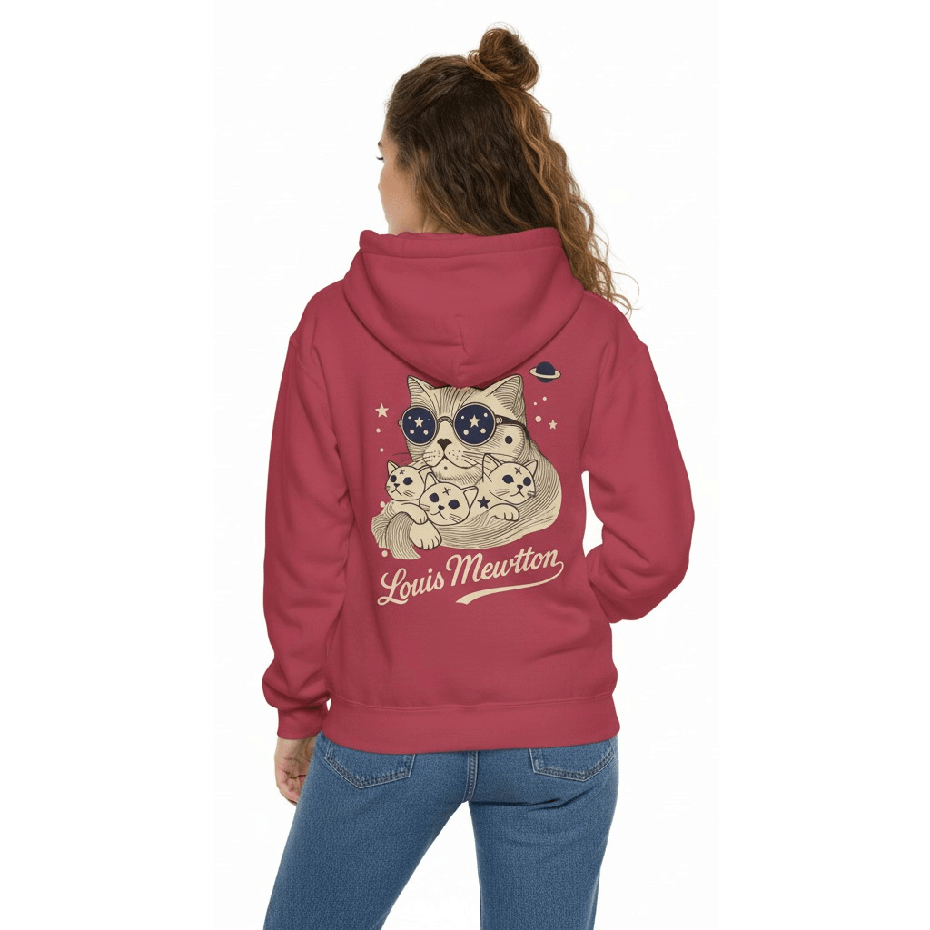 Woman wearing Louis Mewtton crimson red hoodie turned back, hoodie for cat lovers