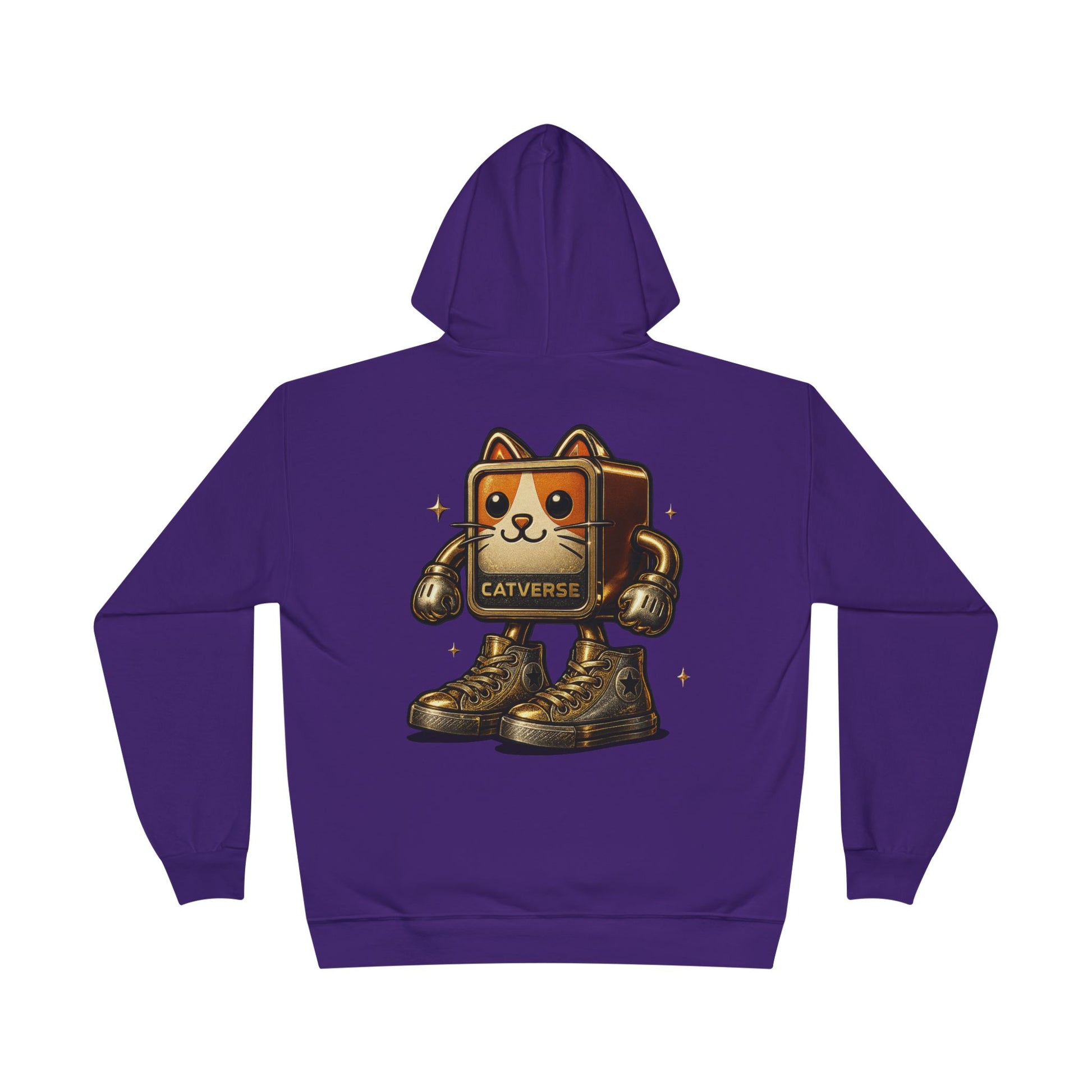Back view of Catverse athletic purple hoodie with goldbot cat design, cat themed clothes