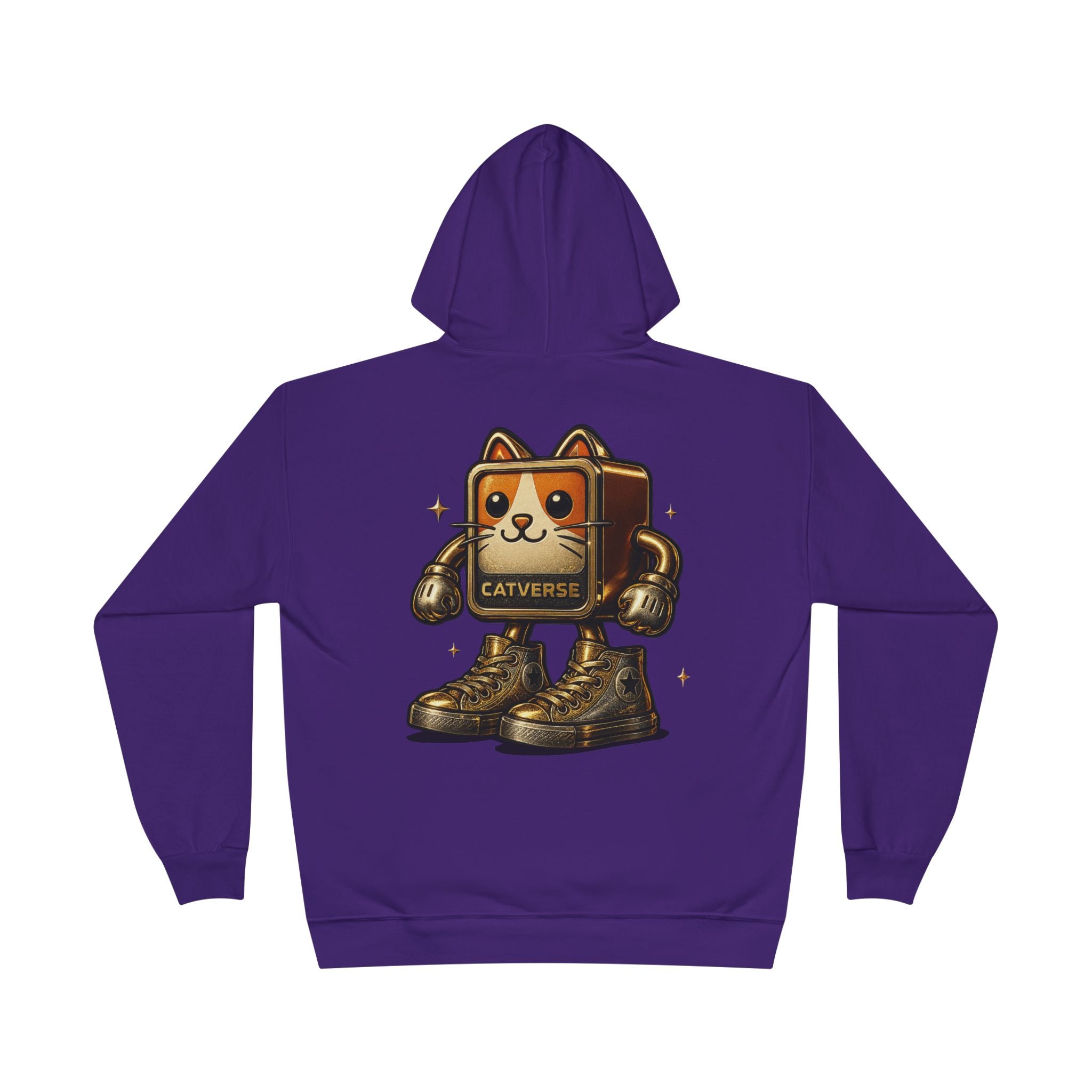 Back view of Catverse athletic purple hoodie with goldbot cat design, cat themed clothes