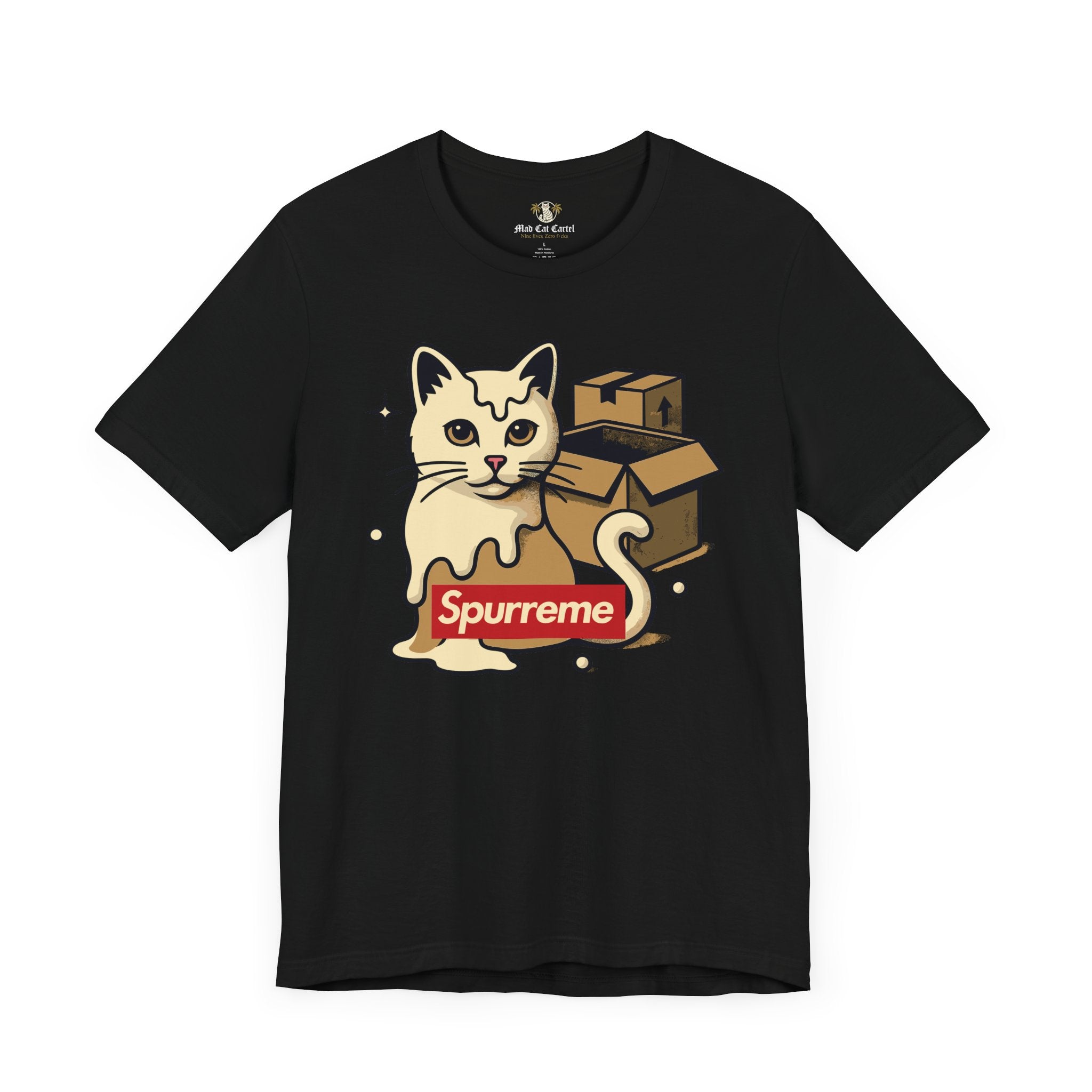 Black t shirt front view Spurreme Box Addict Cat Graphicfor cat lovers