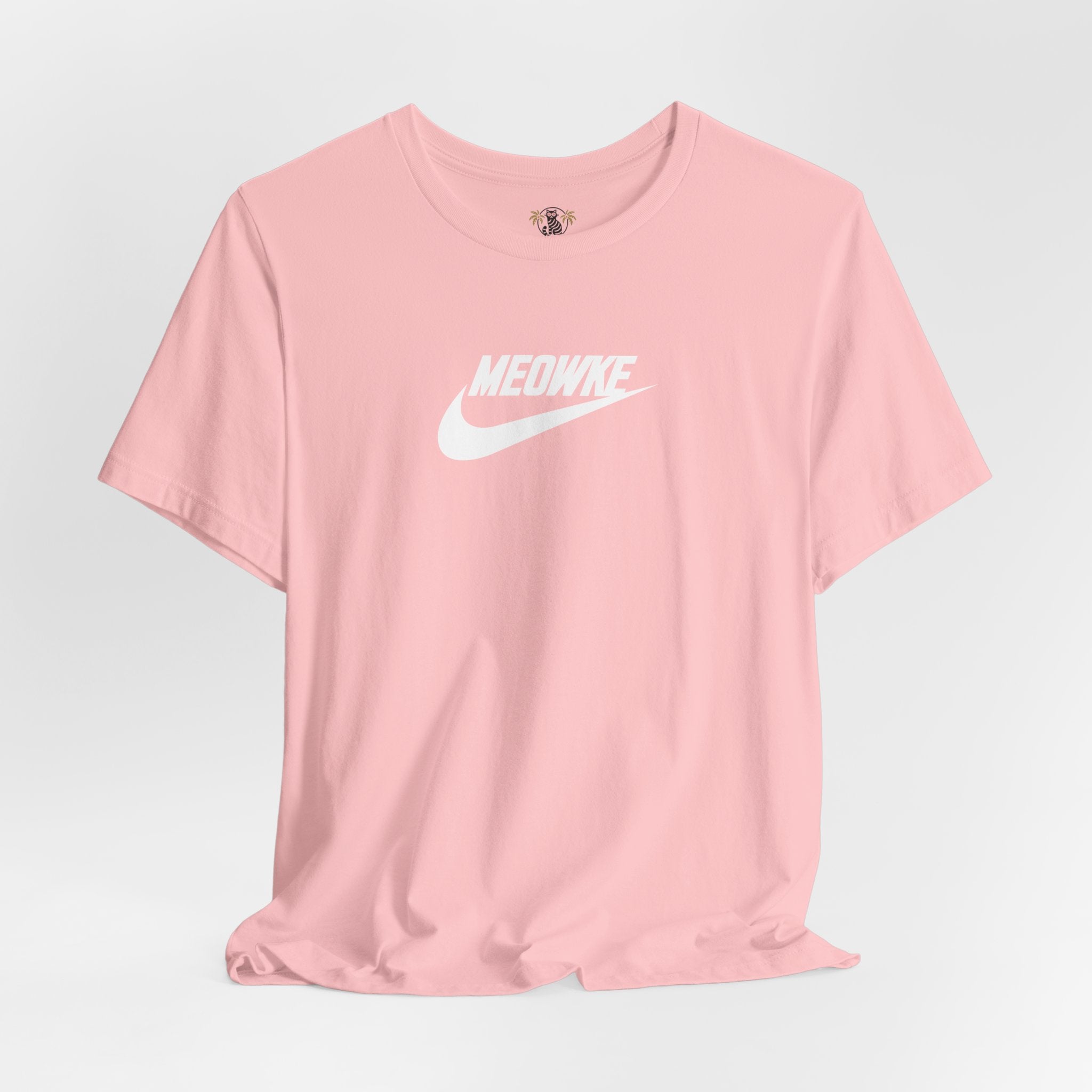 Cat t shirt for men and women – pink unisex tee, front, white Meowke chest logo