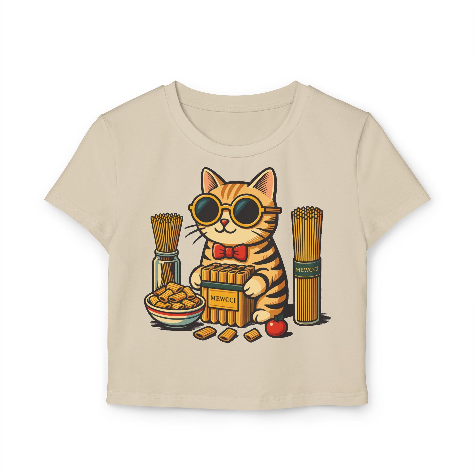 Mewcci Pasta Chef Cat Graphic Women's Baby Tee, sand beige baby tee front view
