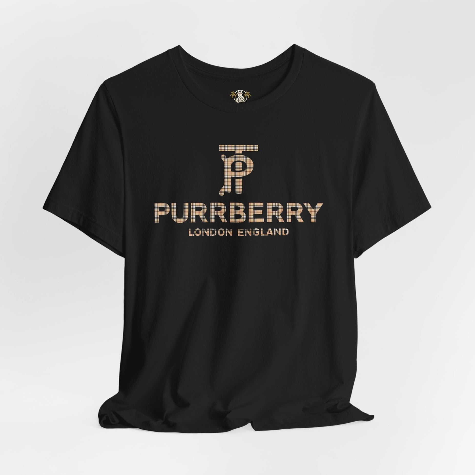 Black Purrberry London Coat Club Cat Graphic T-Shirt flat lay – cat lover t shirts