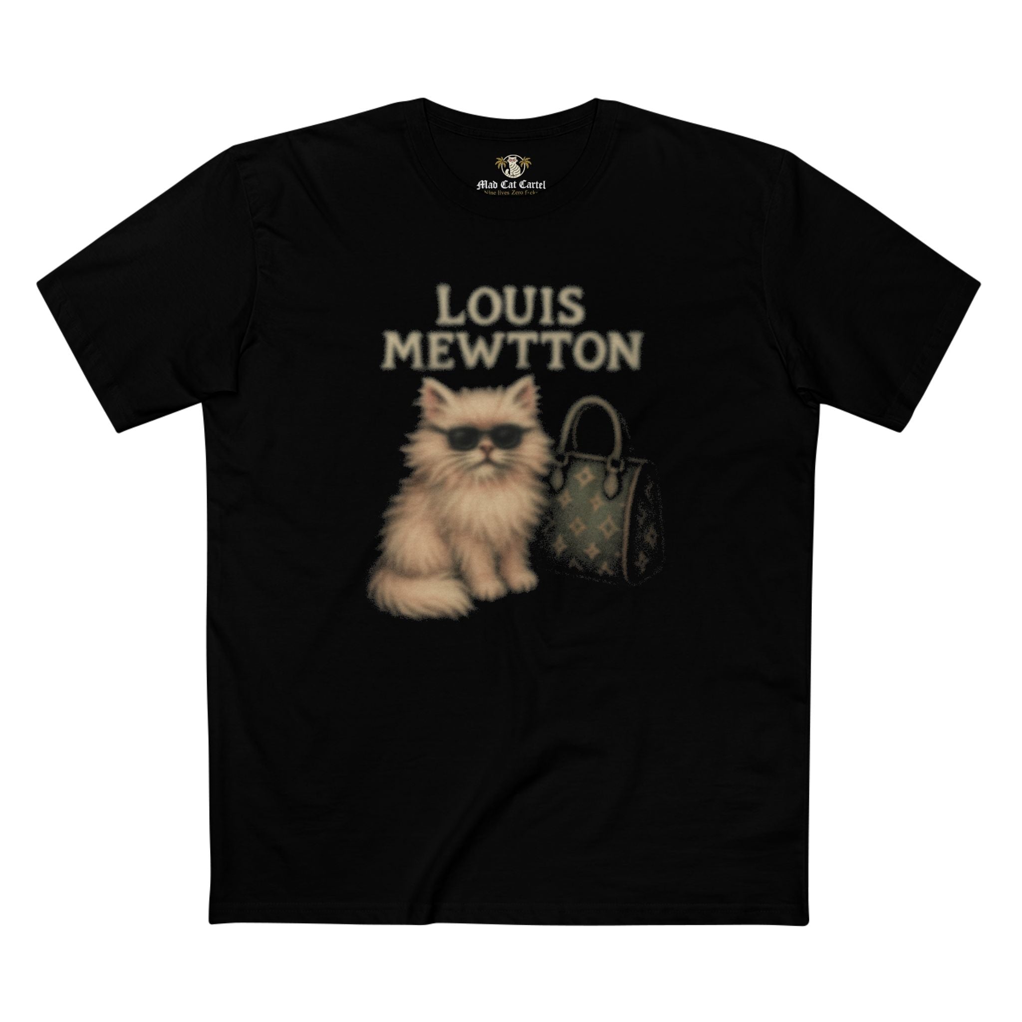 Louis Mewtton cat graphic Black T Shirt for cat lovers flat front view
