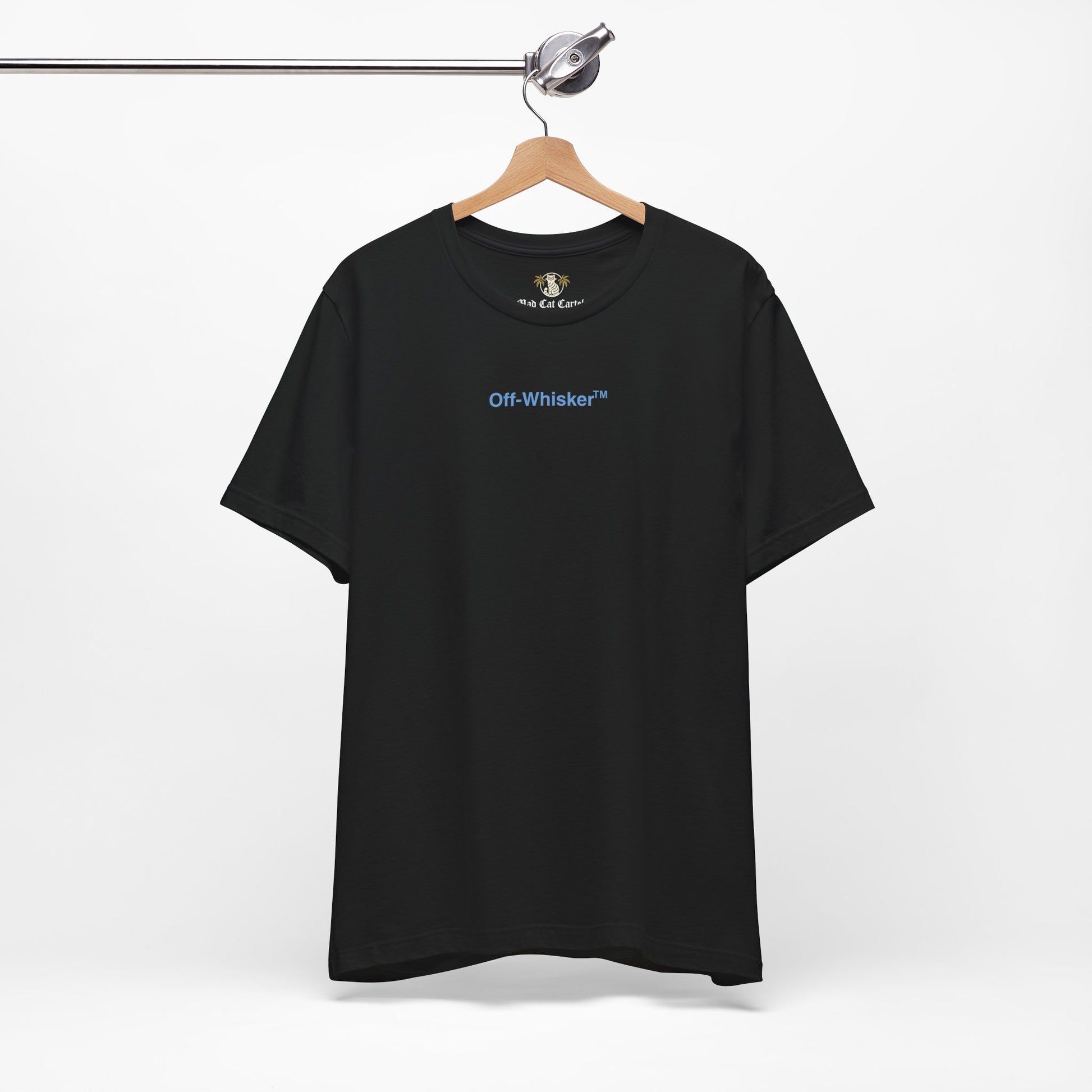 Black Signature Frame cat t-shirt on hanger – chest Off Whisker logo print