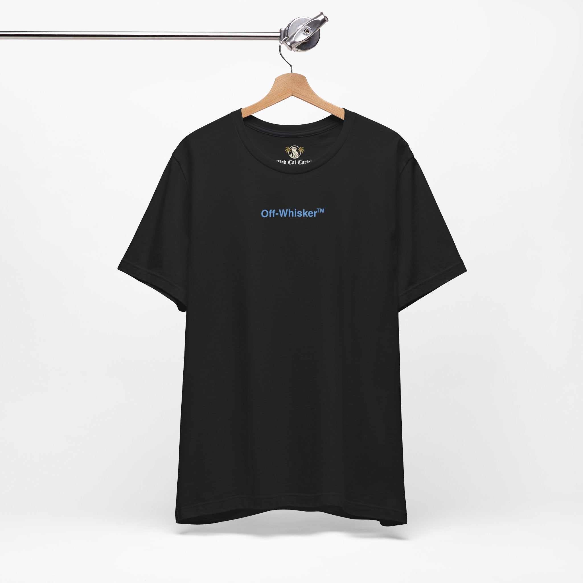 Black Signature Frame cat t-shirt on hanger – chest Off Whisker logo print