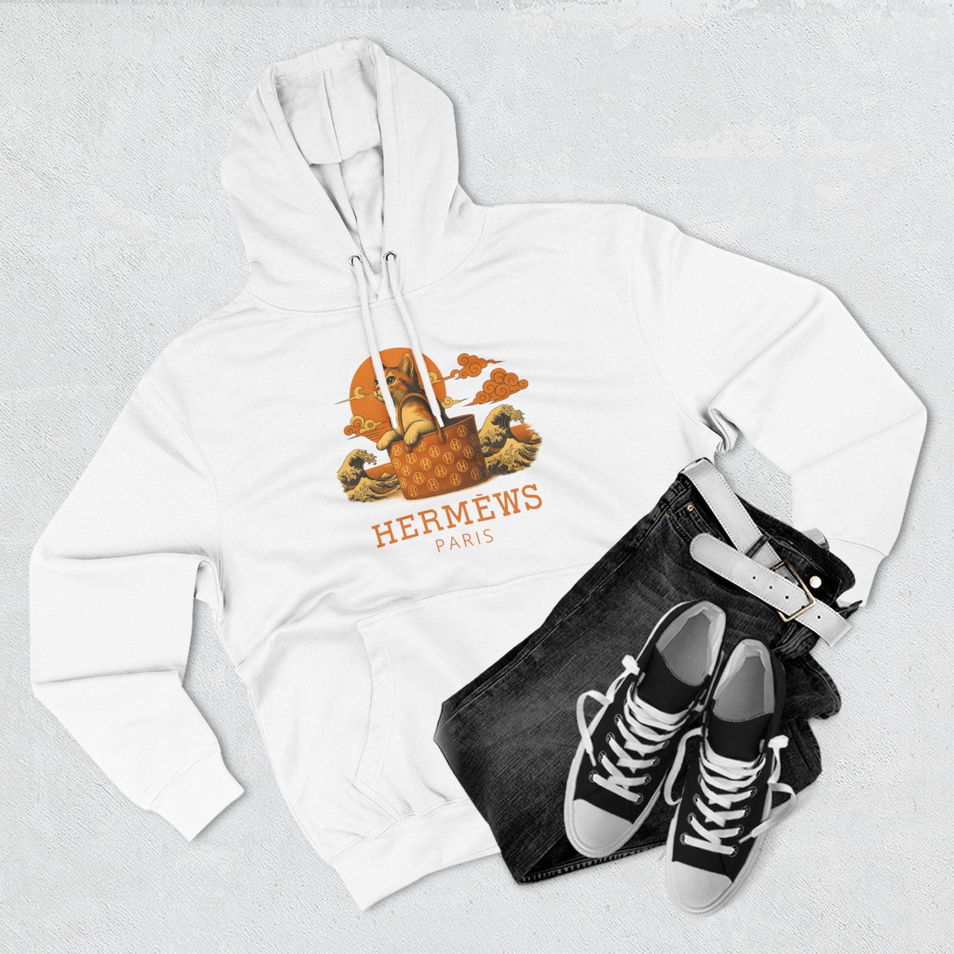 Flat lay of Hermèws white hoodie with sneakers, womens hoodie for cat lovers