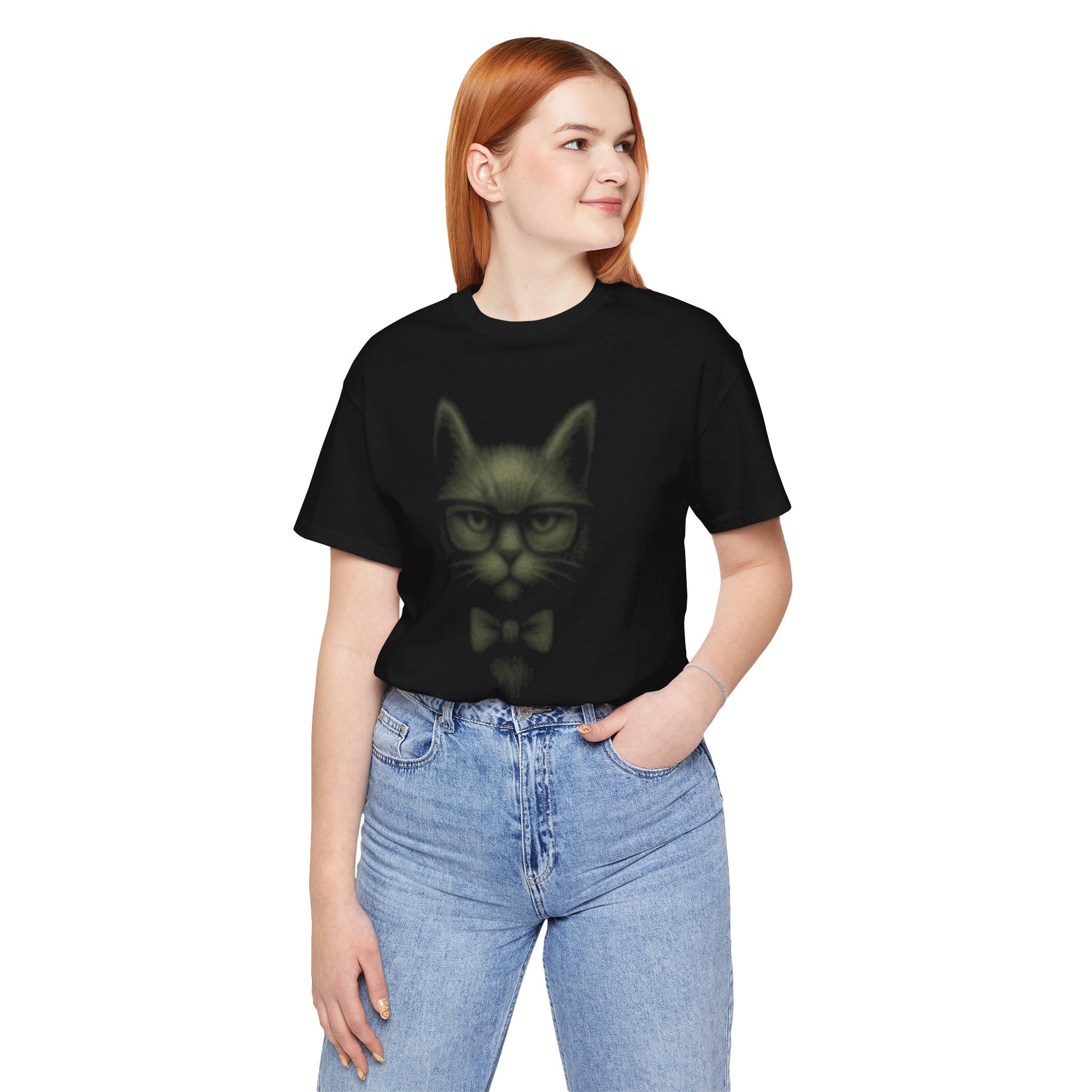 Female model wearing women's black graphic cat t shirt items for cat lovers