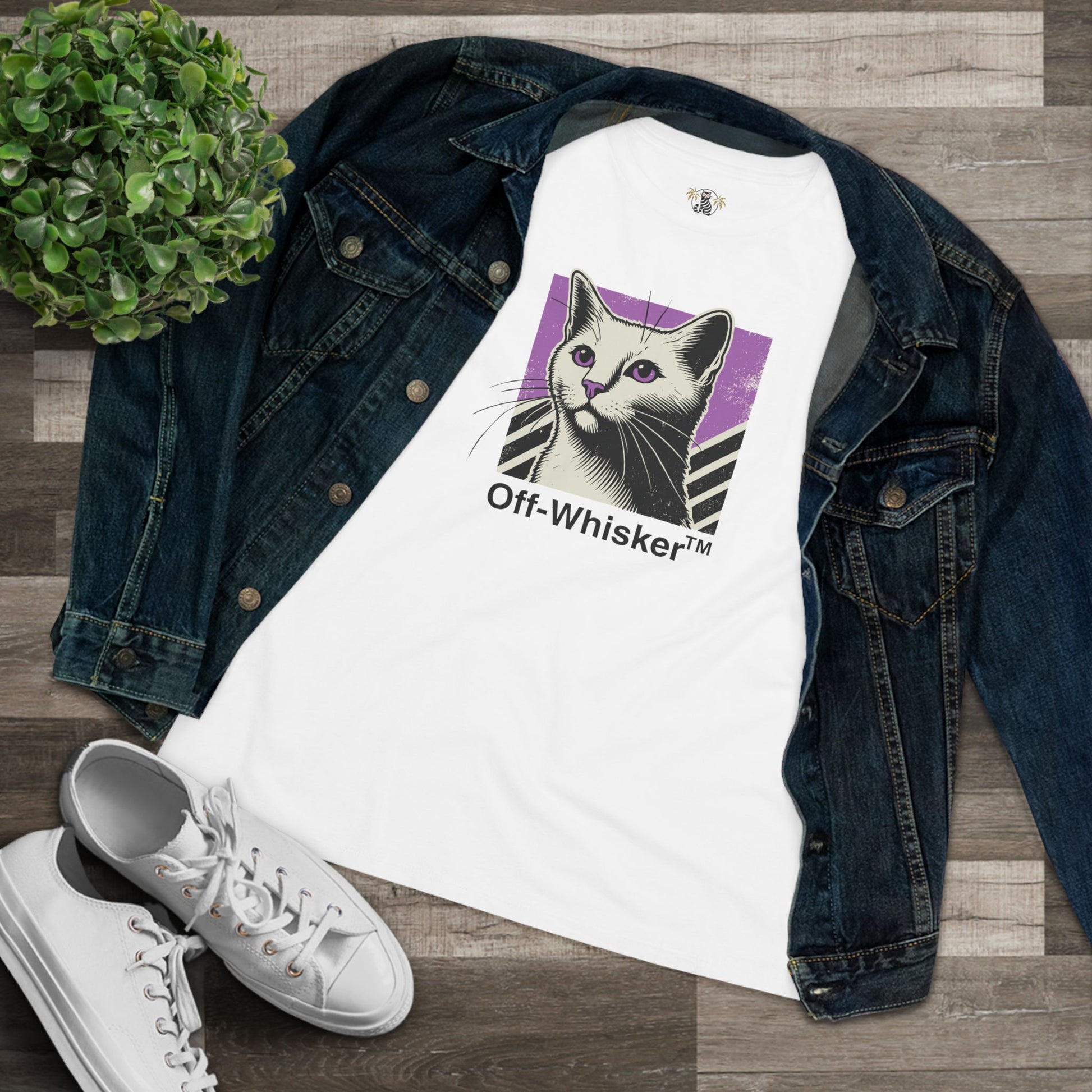 Flat lay white Off-Whisker Purple Vision cat t shirt with denim jacket, cat shirts for women
