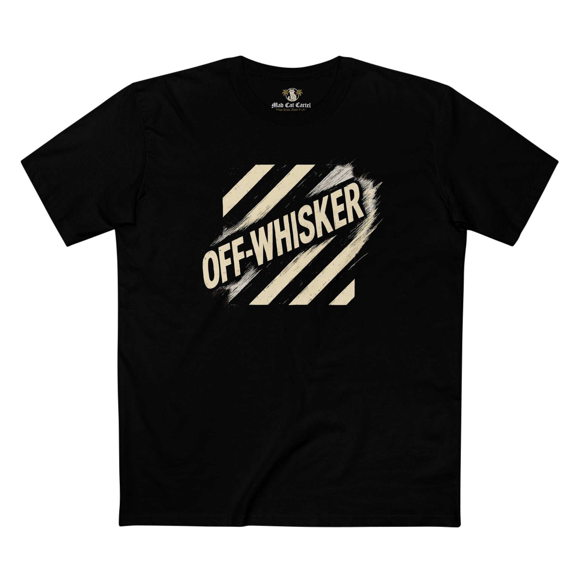 Off-Whisker Jump Mode Cat Graphic Black T Shirt, unisex black graphic t shirt front view