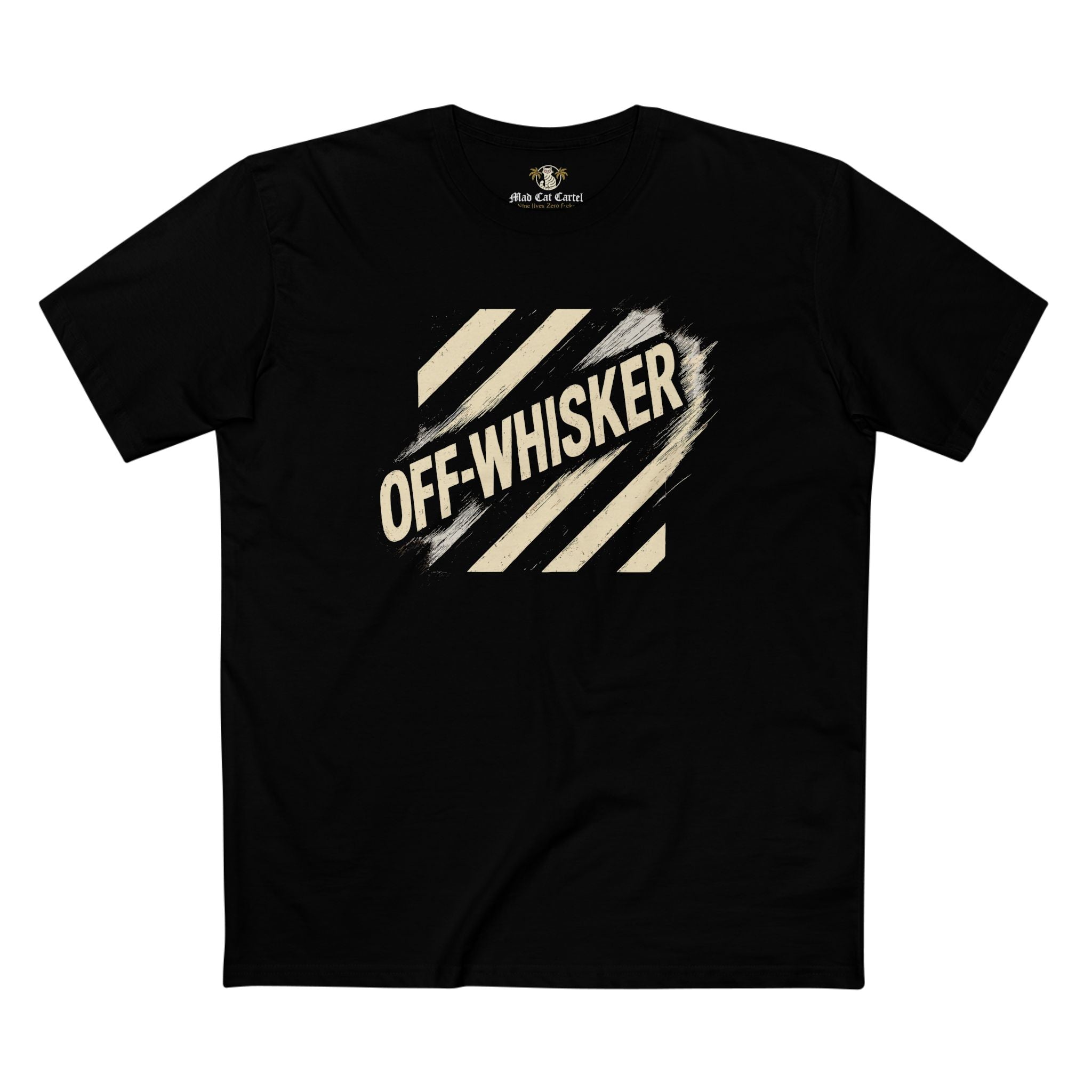 Off-Whisker Jump Mode Cat Graphic Black T Shirt, unisex black graphic t shirt front view