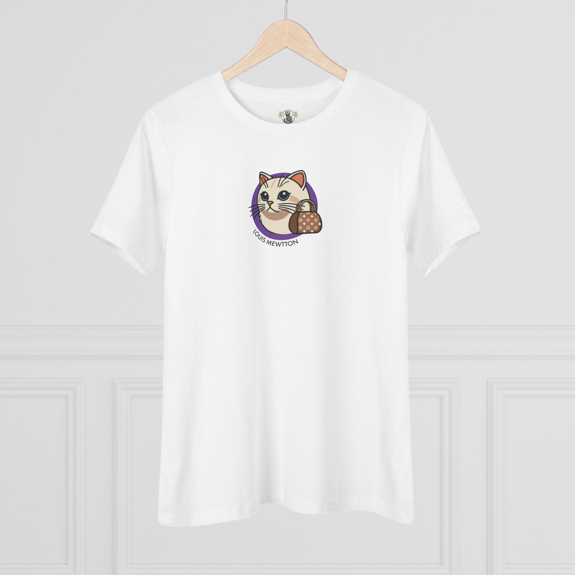 Louis Mewtton Mini Chest Cat Icon Women's White T Shirt on hanger tee shirts with cats