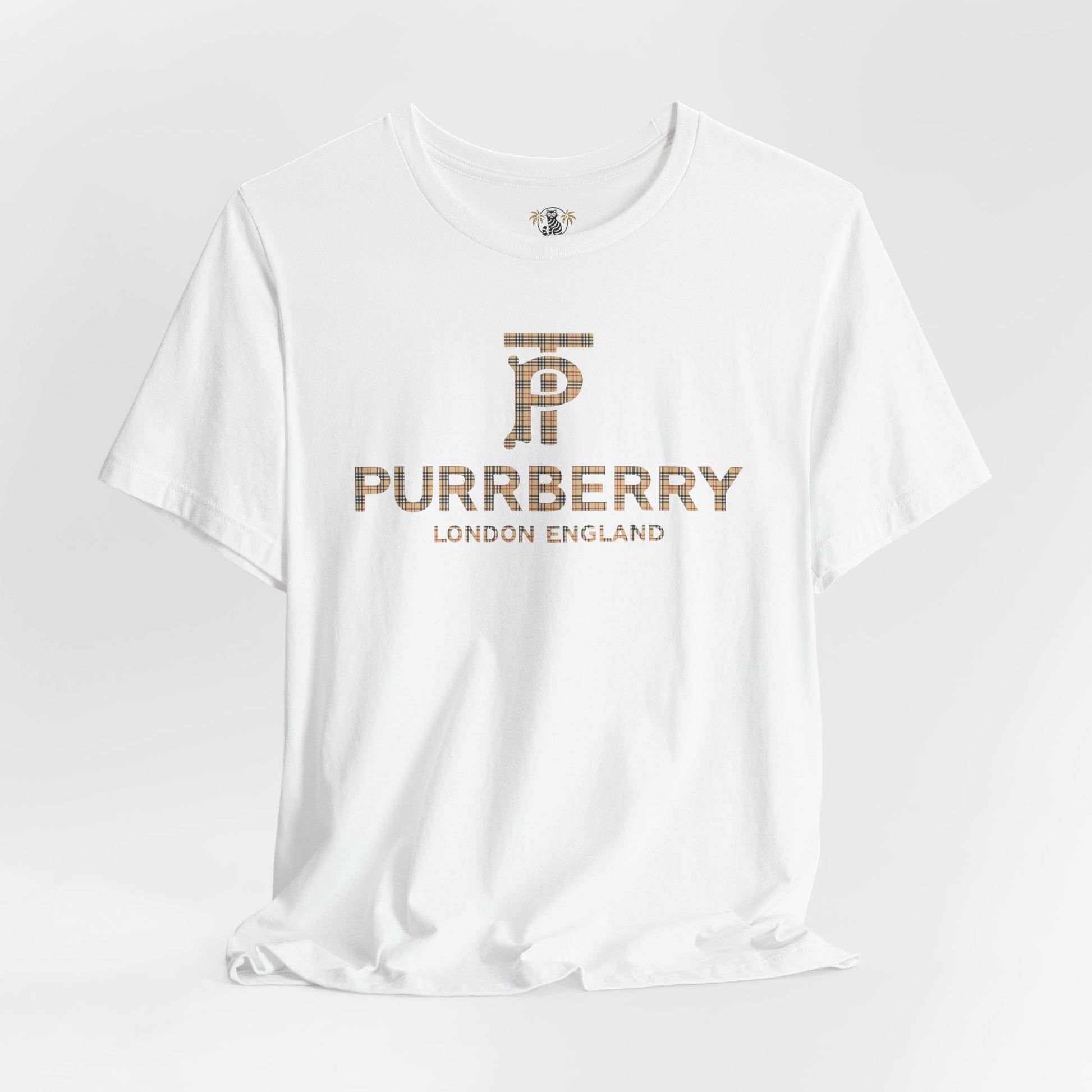 purrberry london coat club cat graphic t shirt white  front view cat lover t shirts
