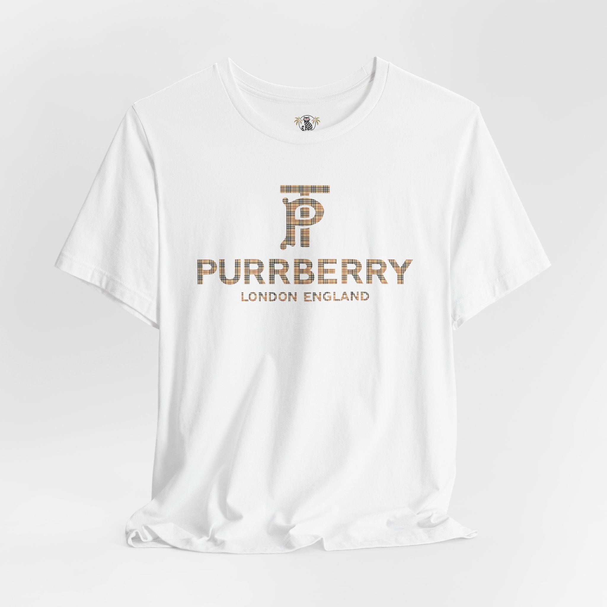 purrberry london coat club cat graphic t shirt white  front view cat lover t shirts