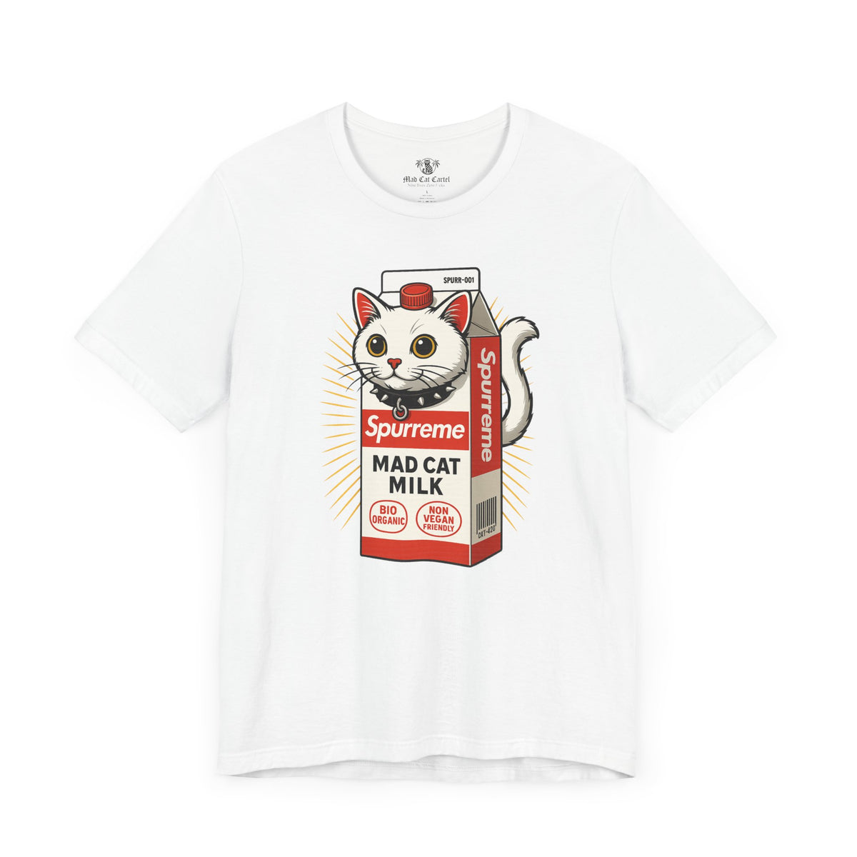 Spurreme Mad Cat Organic Milk funny cat t shirt for men — white tee, lightweight Airlume combed ring-spun cotton