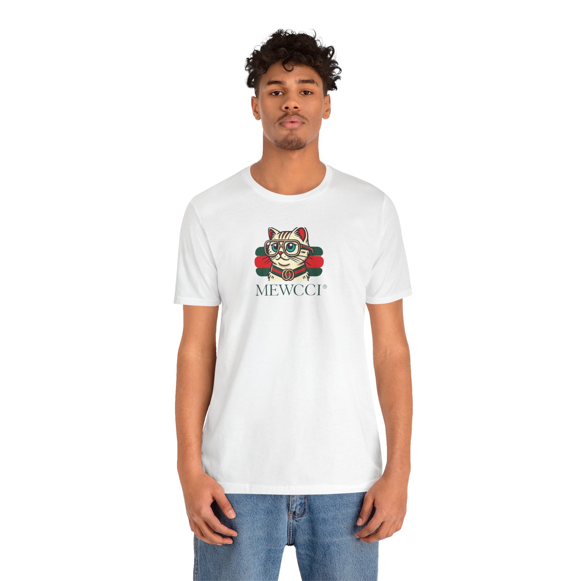 Male model wearing Mewcci Luxe Label Graphic Cat Graphic T Shirt in White – cat tee shirts womens