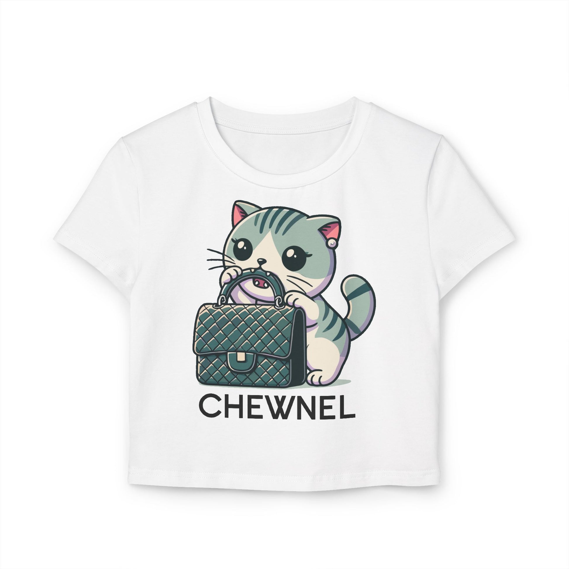 Chewnel Purse Snatcher Cat White Baby Tee flat lay front view