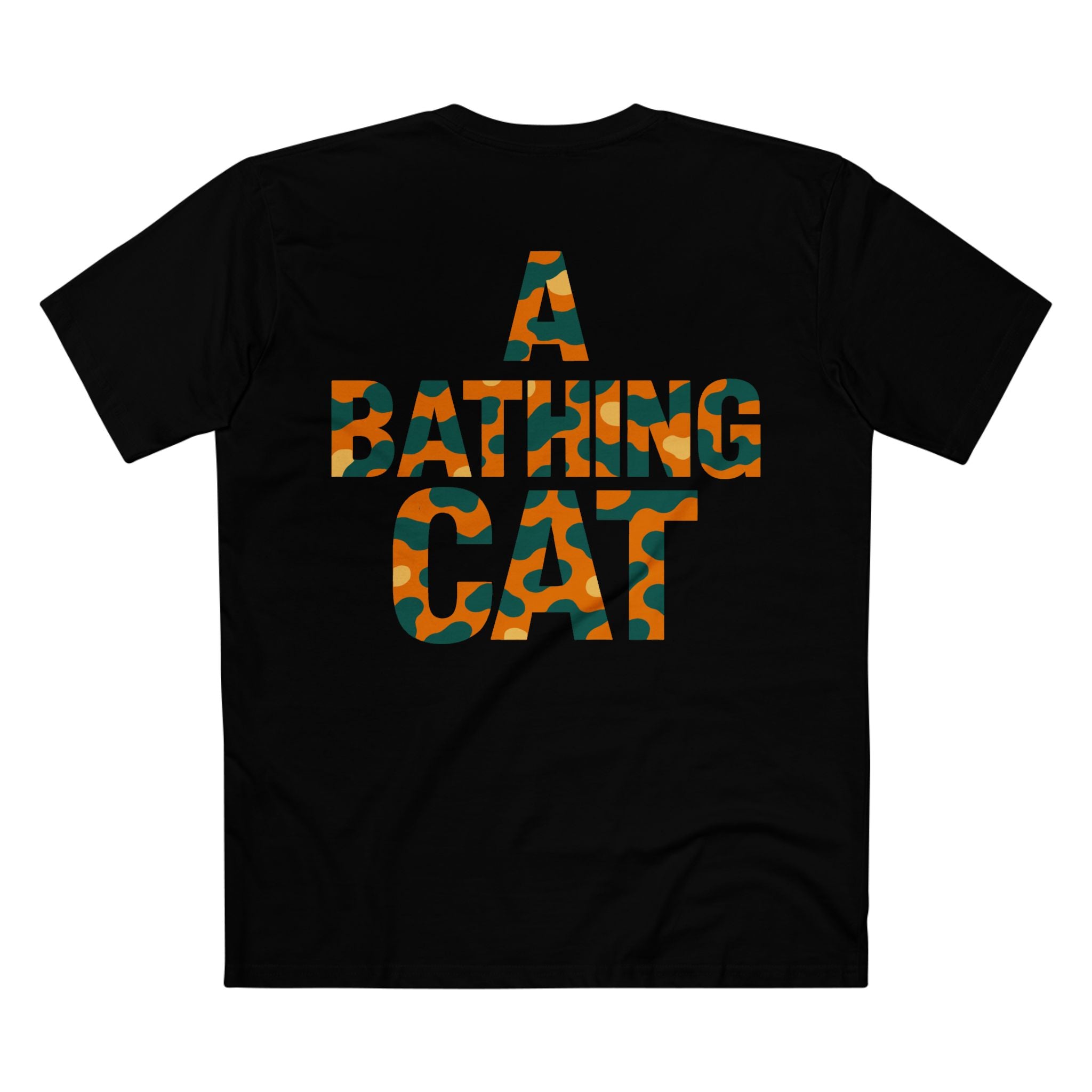 back print close-up, black cat themed t shirt with A Bathing Cat logo in camo lettering