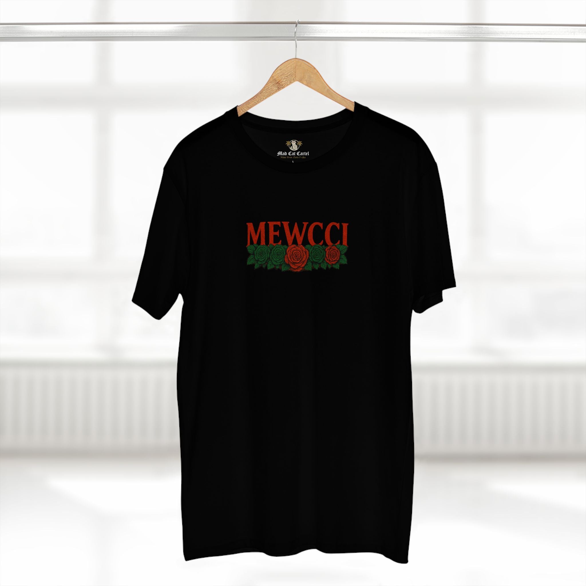 Mewcci Floral Vision Cat Graphic T Shirt on hanger in Black – cat themed shirt, cat graphic tee, items for cat lovers, flower graphic shirt