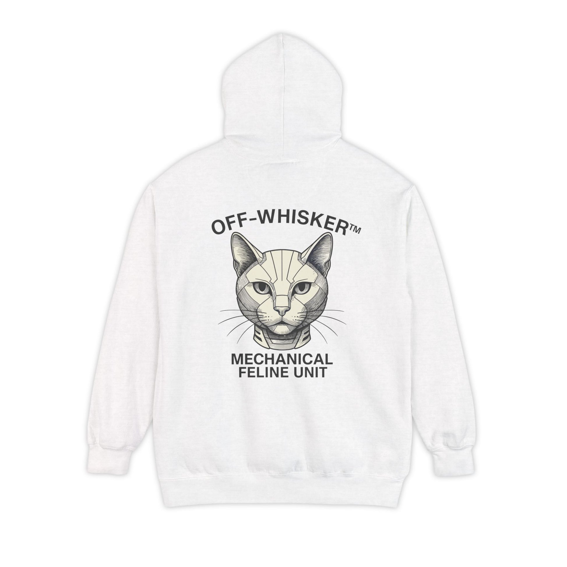 Back view of Off-Whisker white hoodie with mechanical cat design, cat themed clothes