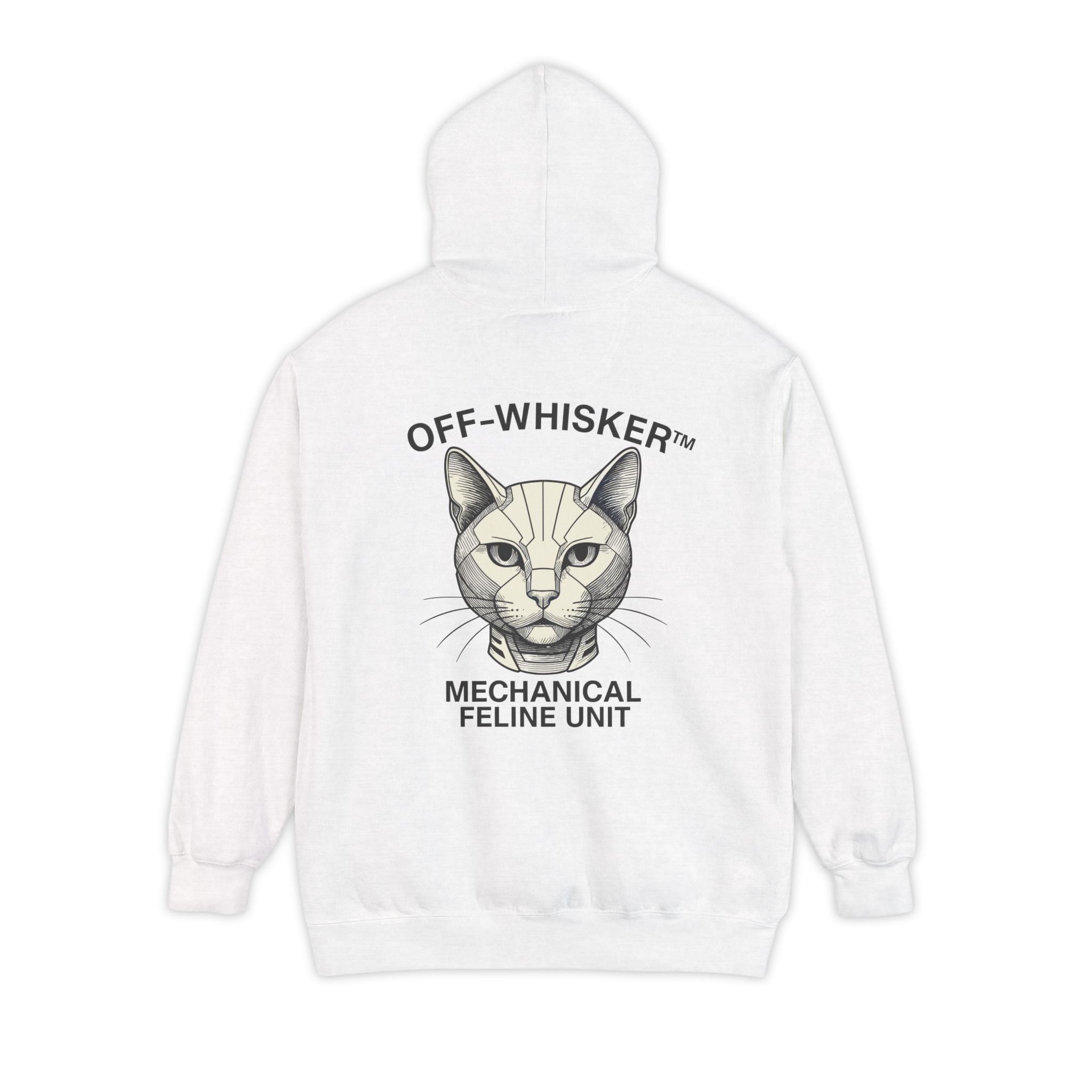 Back view of Off-Whisker white hoodie with mechanical cat design, cat themed clothes
