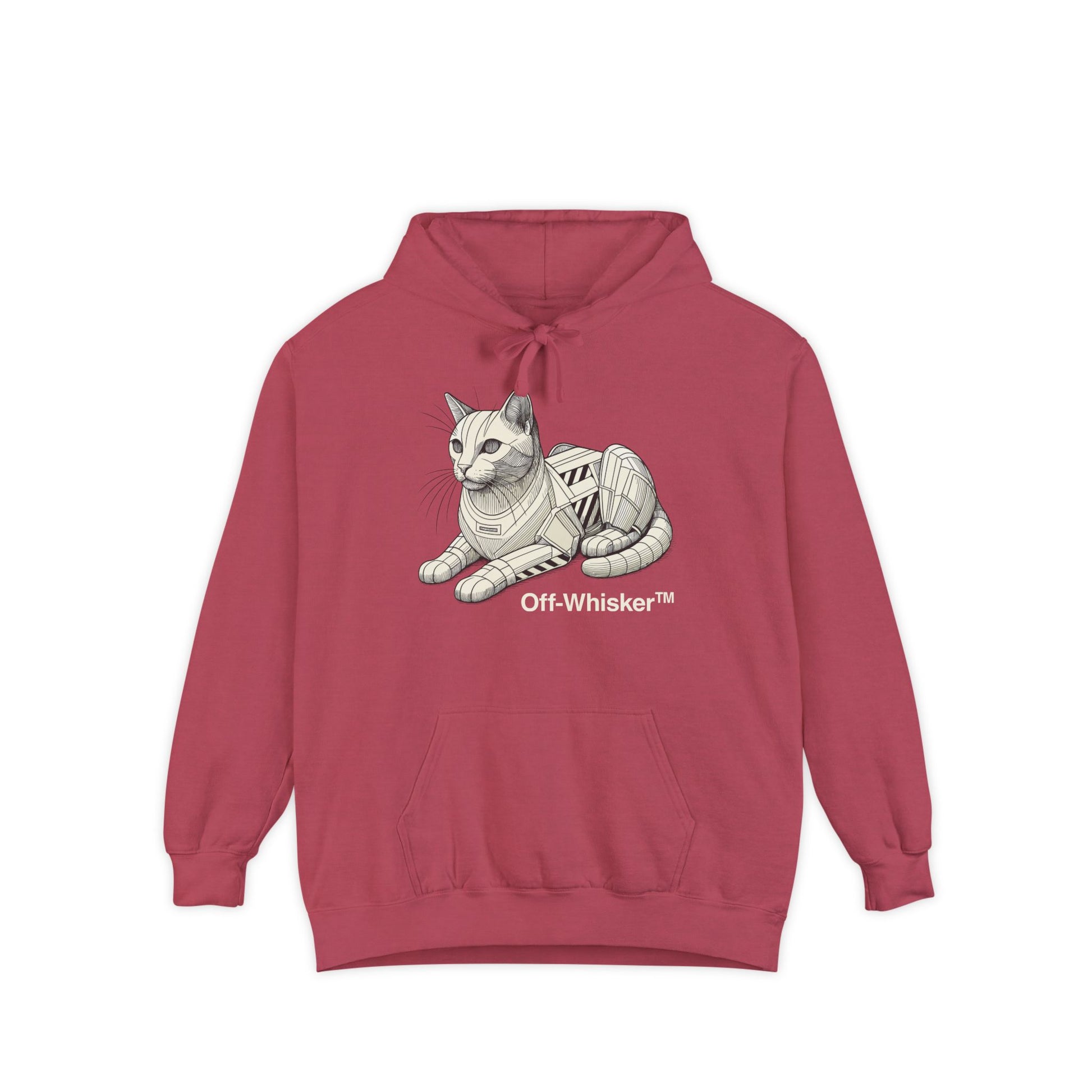 Front view of Off-Whisker crimson red hoodie with mechanical feline design, cat gifts for mum