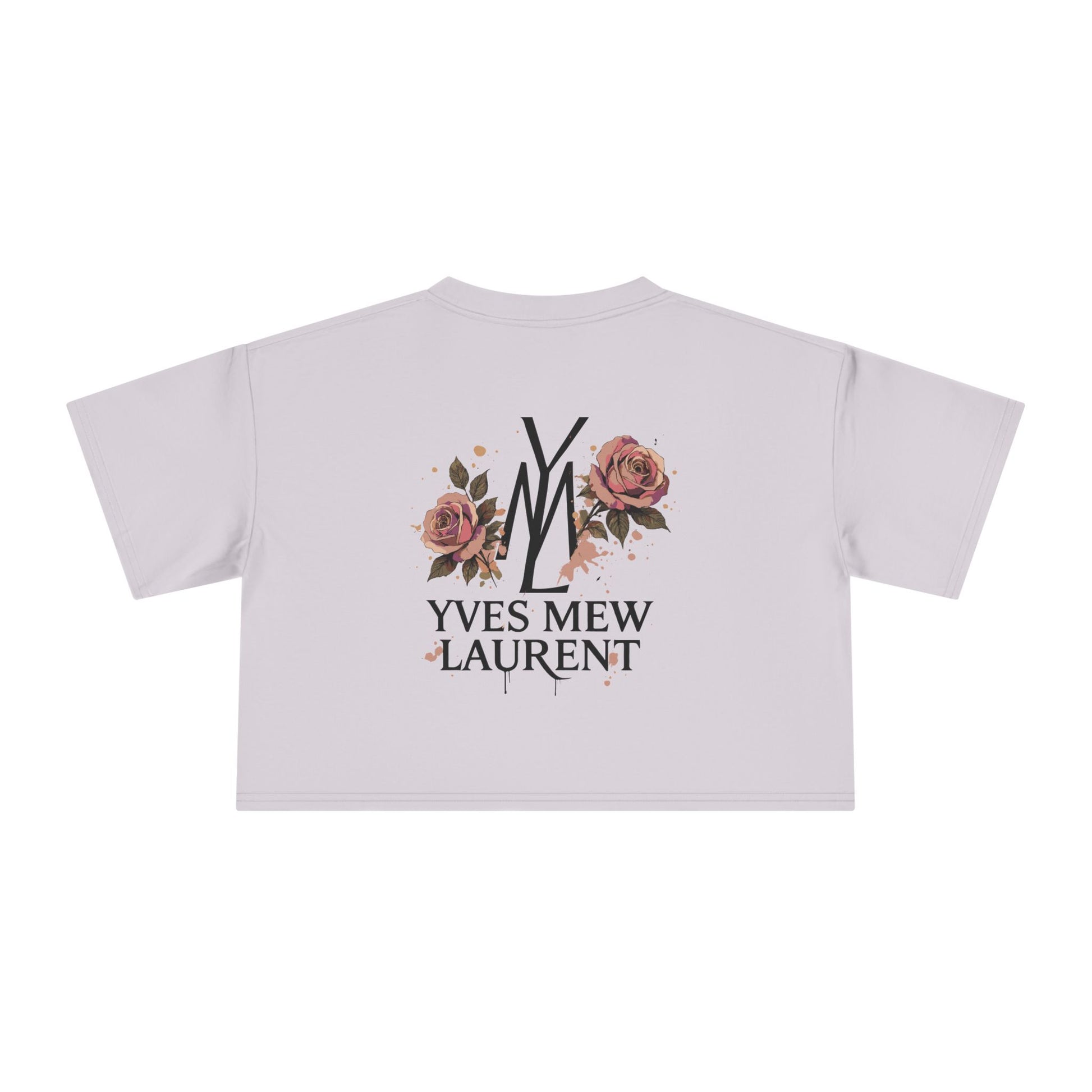 back view of Yves Mew Laurent orchid pink crop top, floral graphic logo print