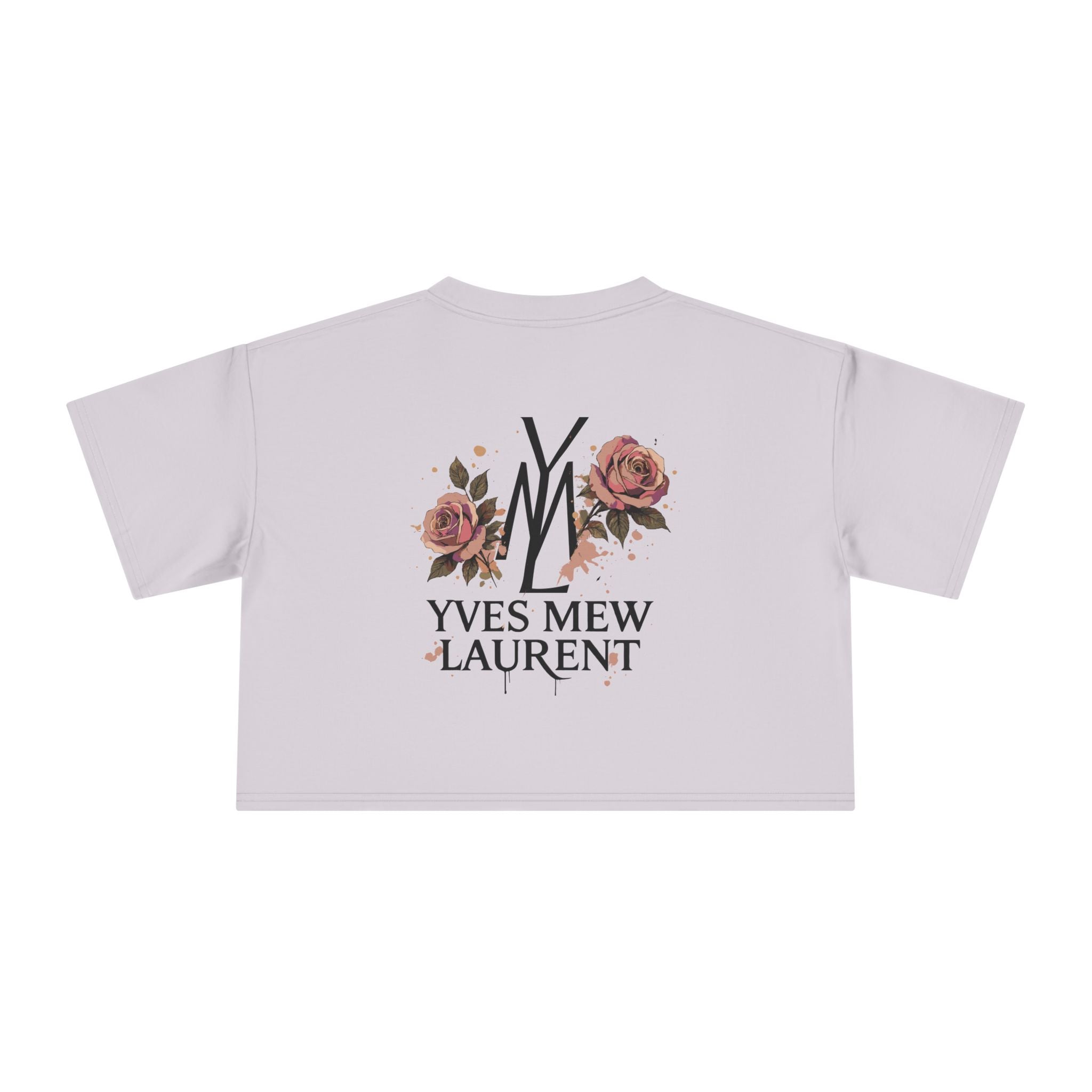 back view of Yves Mew Laurent orchid pink crop top, floral graphic logo print
