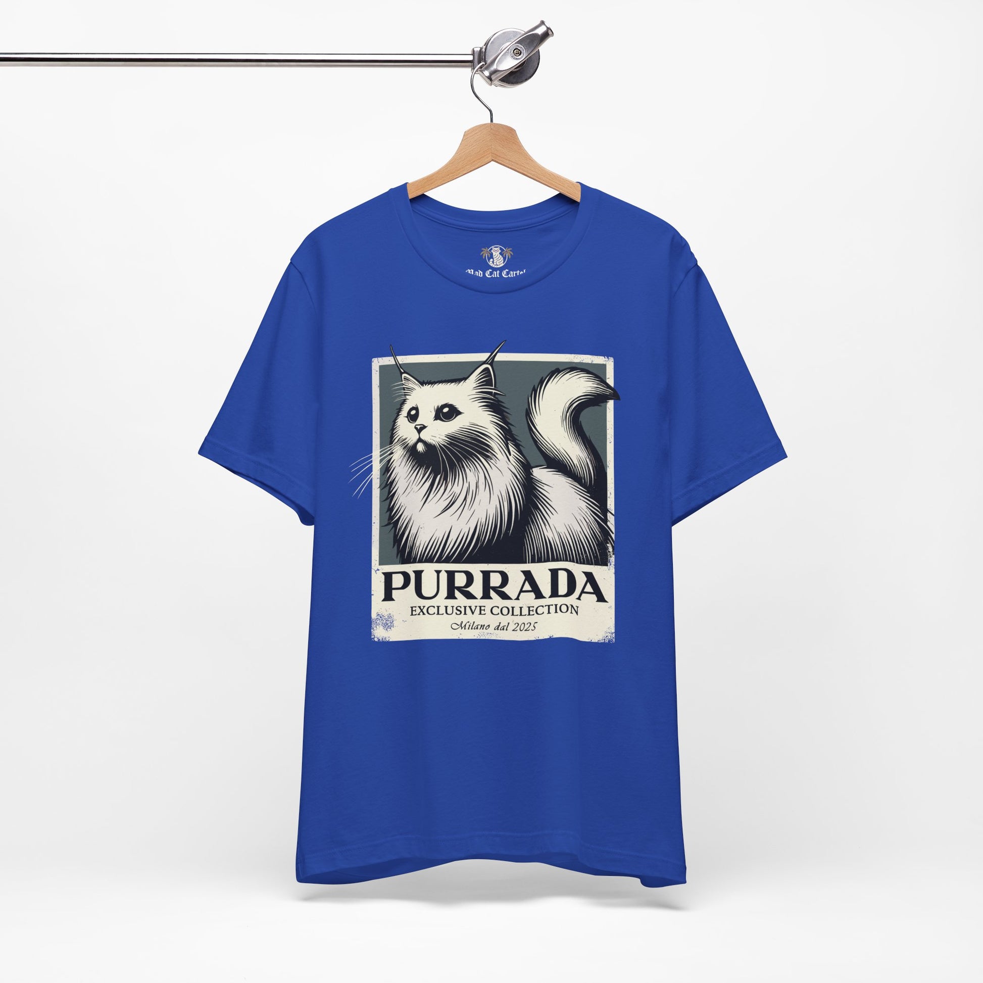 True royal blue Purrada Exclusive Milano Cat Graphic T Shirt on hanger, cat graphic tee for men and women