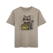 Mewcci Acid Washed Khaki Cat Graphic Tee Oversized Men's T Shirt for cat lovers