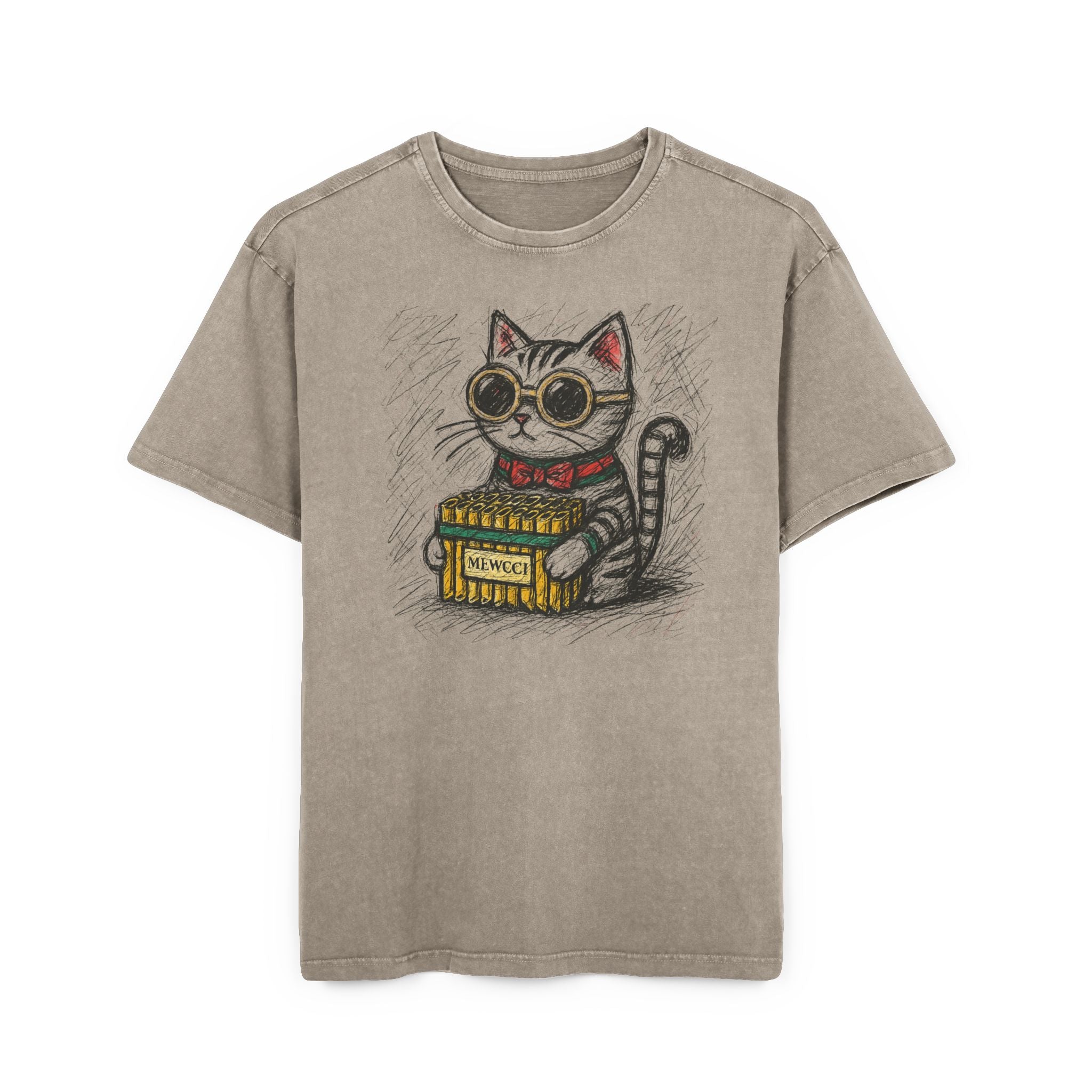 Mewcci Acid Washed Khaki Cat Graphic Tee Oversized Men's T Shirt for cat lovers