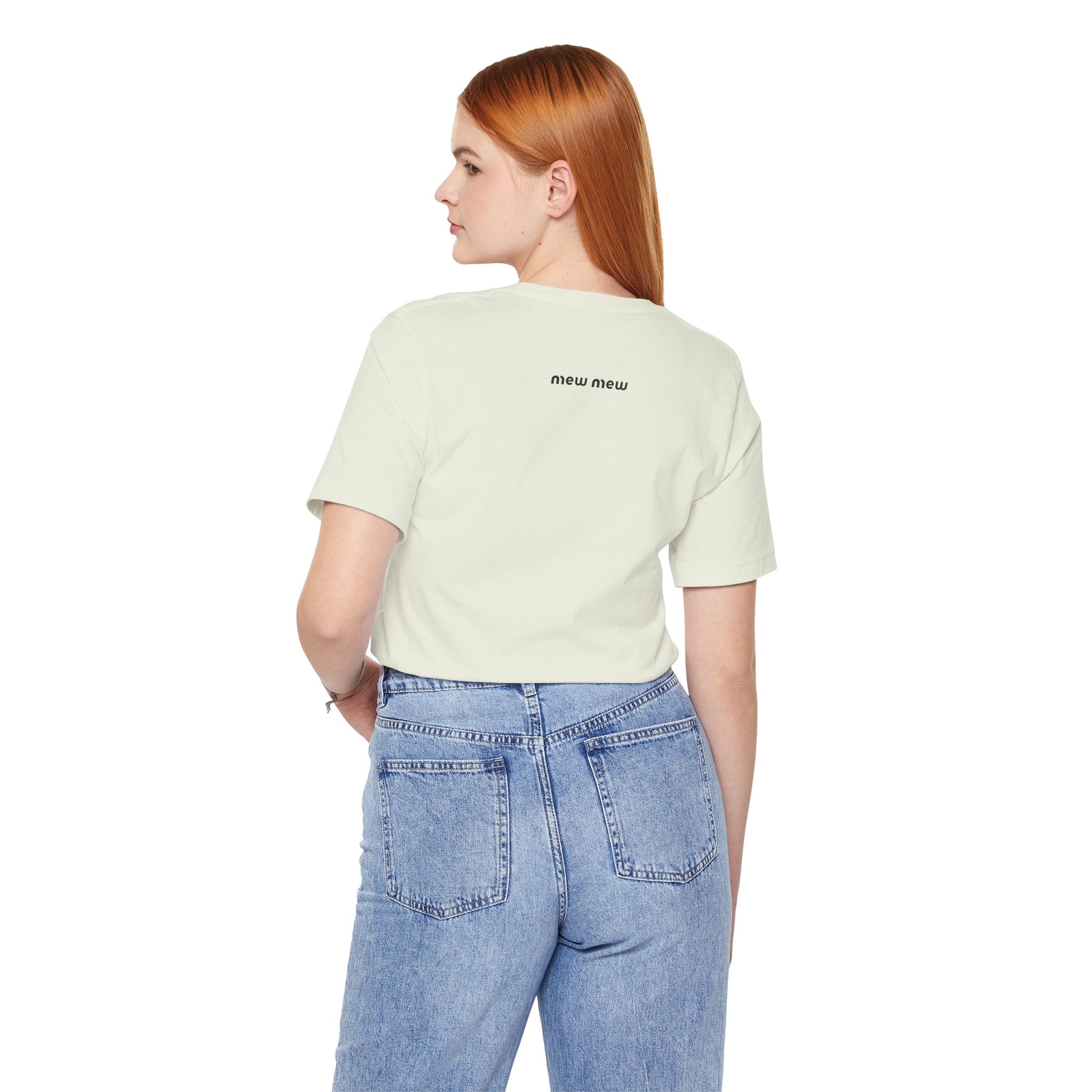 Cat graphic t shirt – citron unisex tee worn by female model, back view, black “Mew Mew” text logo