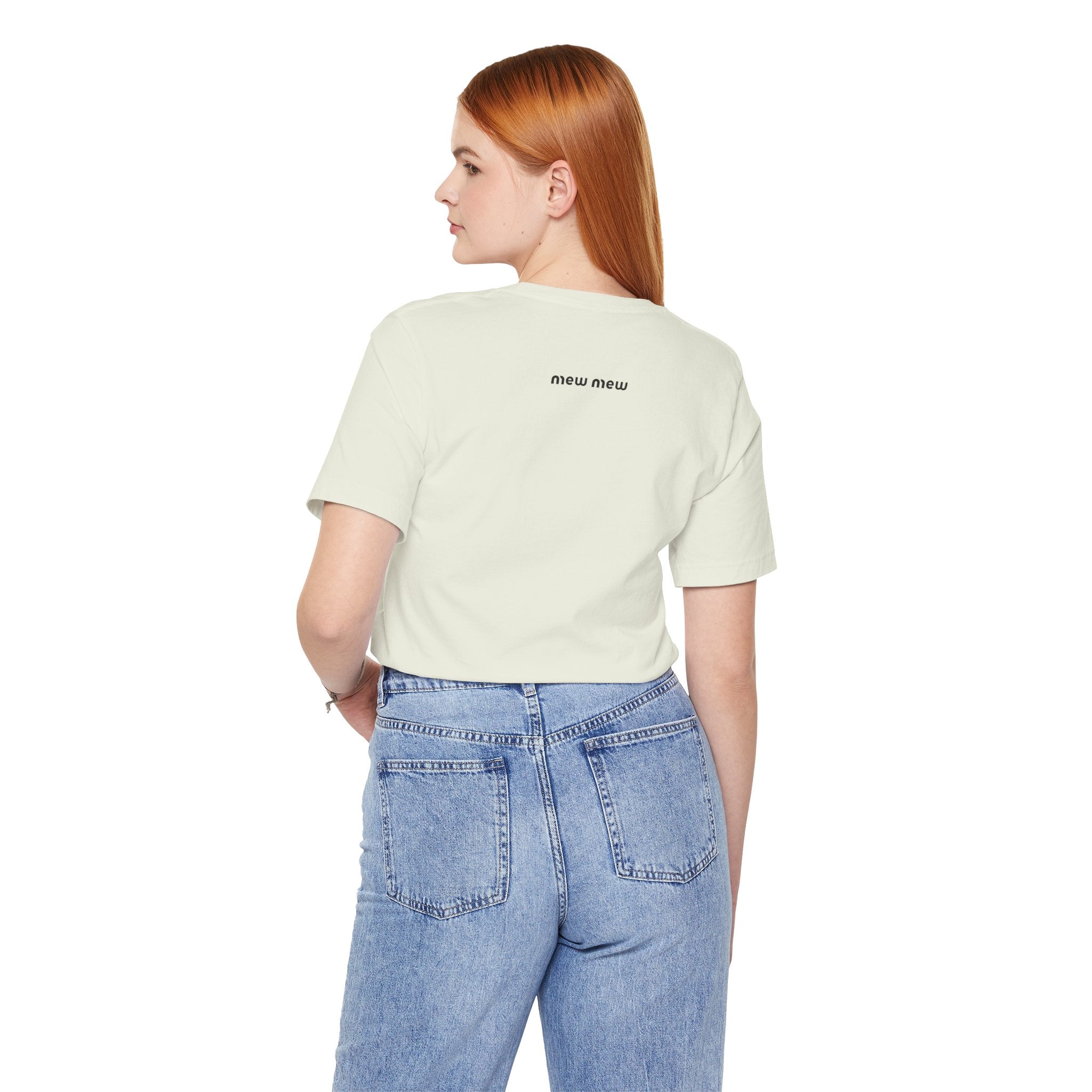 Cat graphic t shirt – citron unisex tee worn by female model, back view, black “Mew Mew” text logo