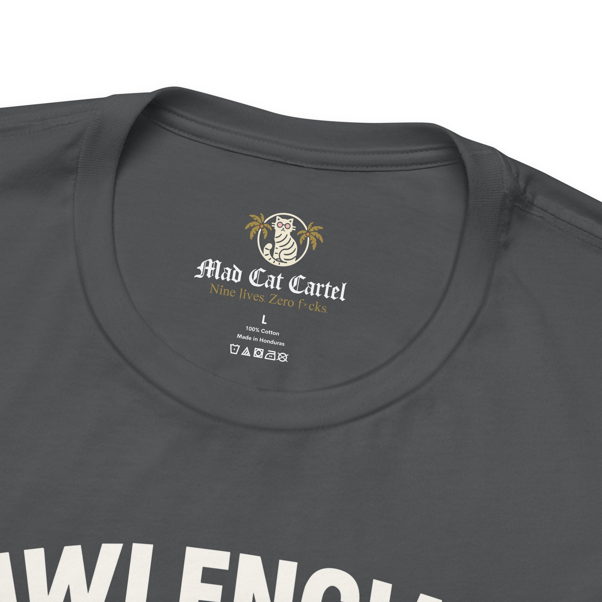 gray Pawlenciaga cat tee, neck label detail, Mad Cat Cartel brand