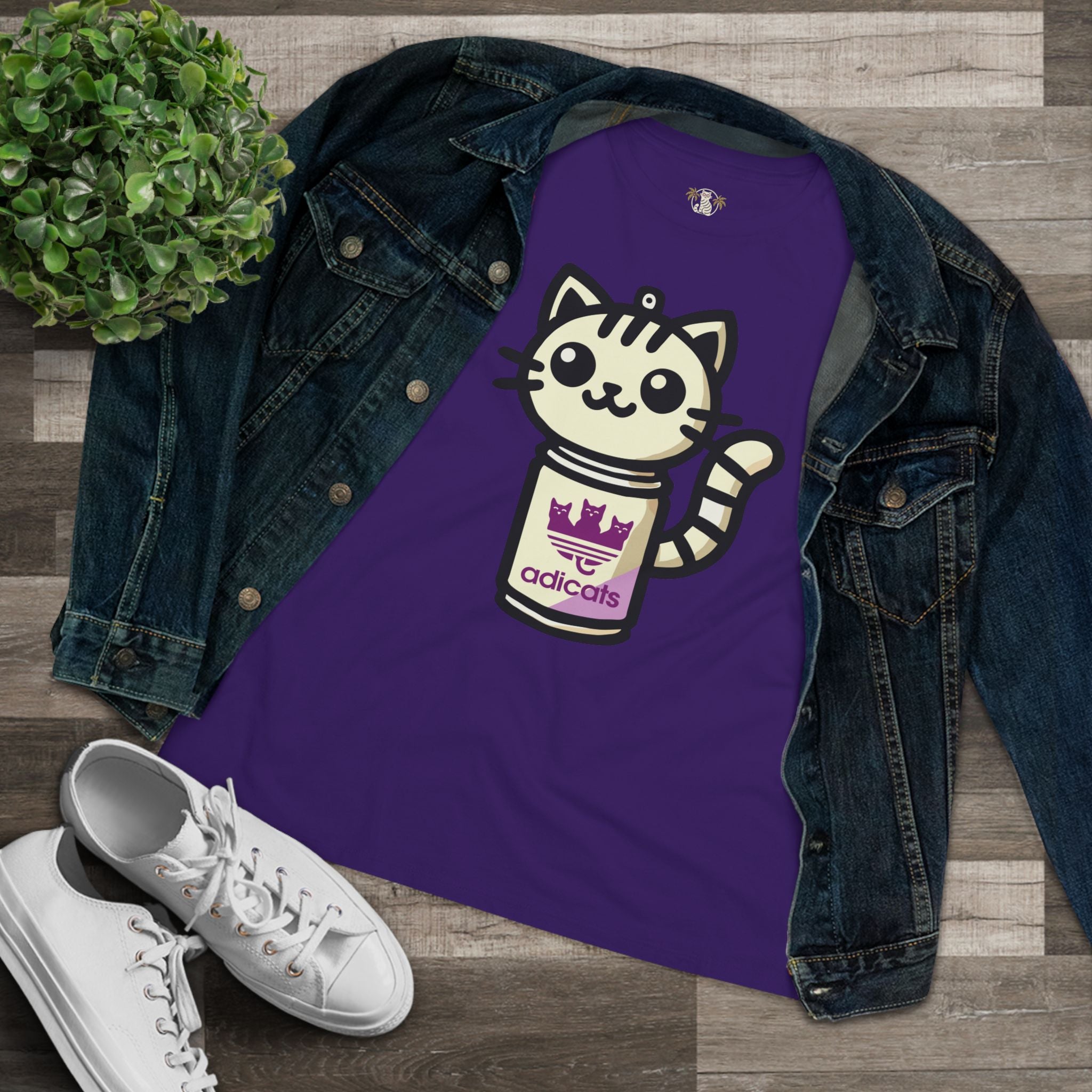 Team Purple cat shirts for women lifestyle flat lay with denim jacket