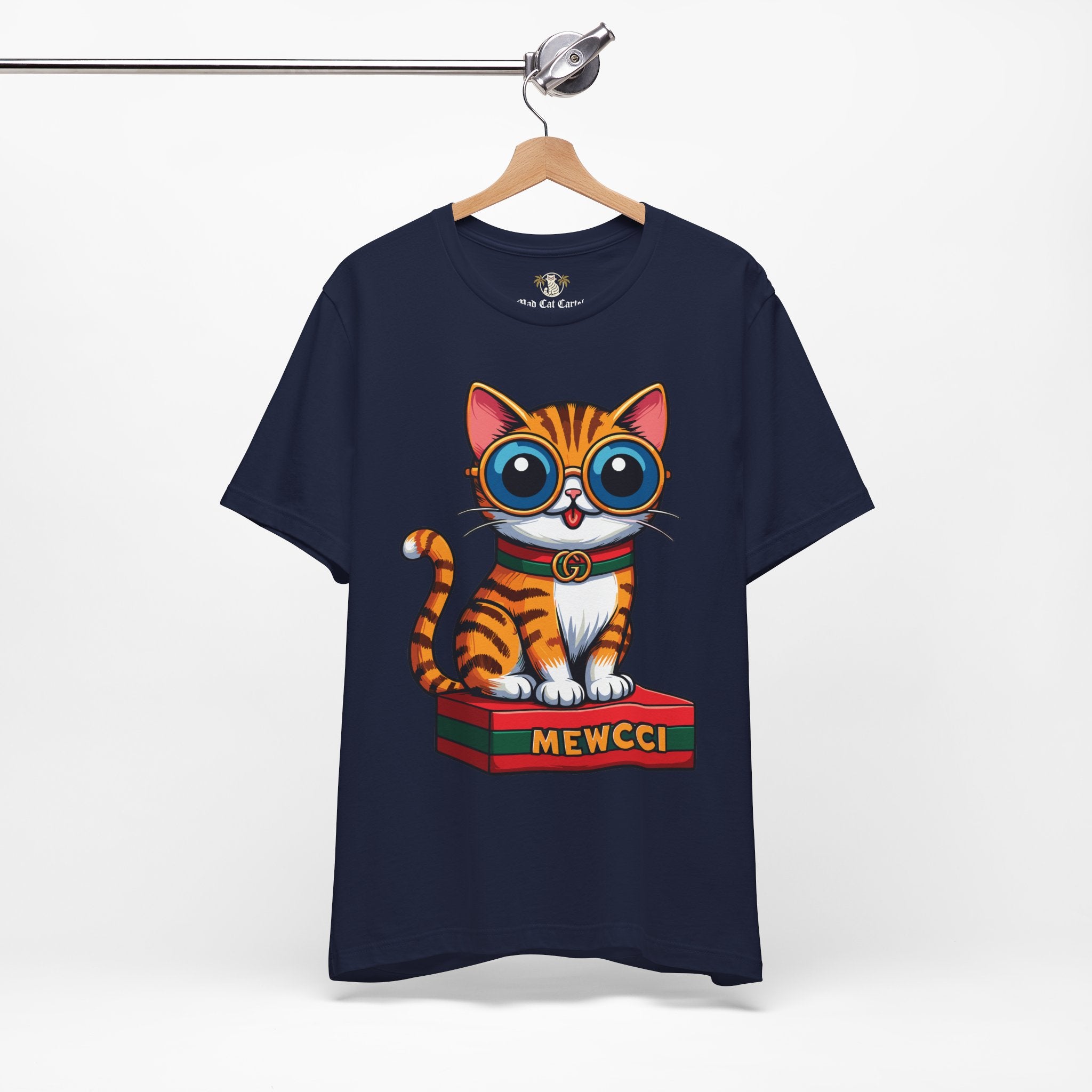Hanging Mewcci Iconic Box Cute Cat Graphic T-Shirt in Navy

