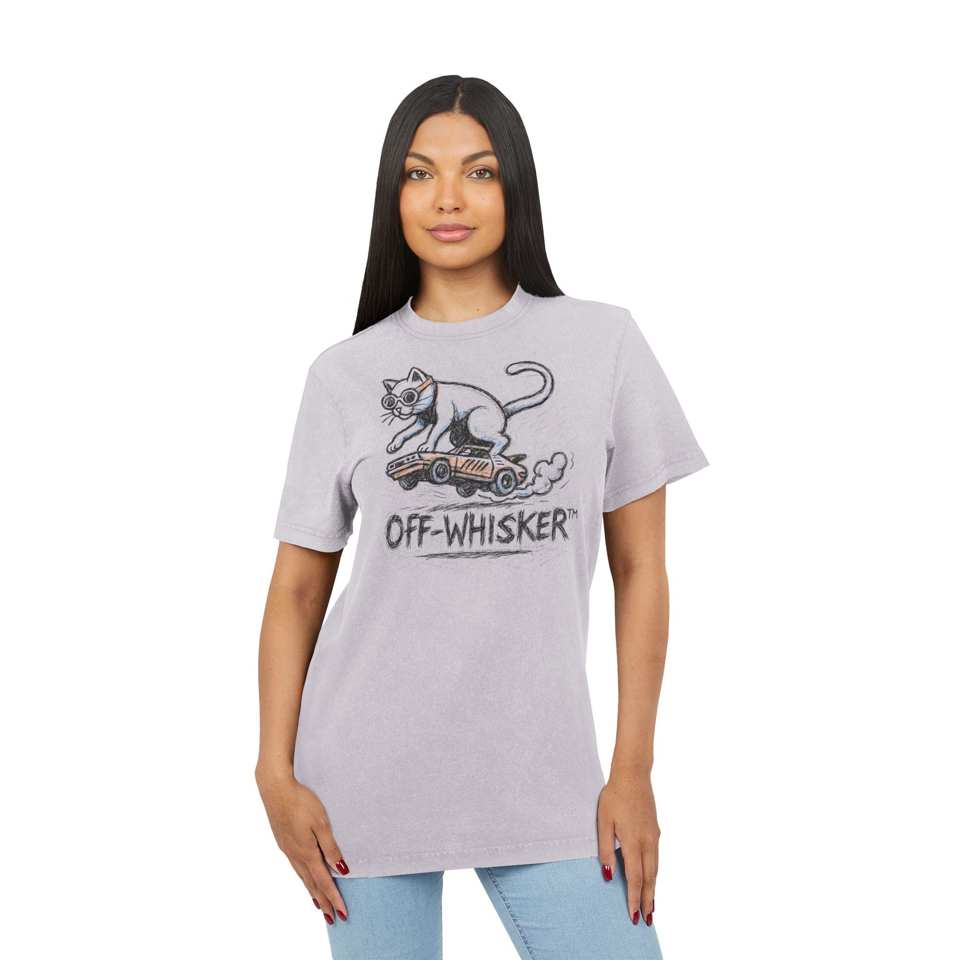 Woman wearing Off-Whisker Drift Cat Sketch Acid Washed T Shirt Soft Lilac Purple, funny t-shirts for women