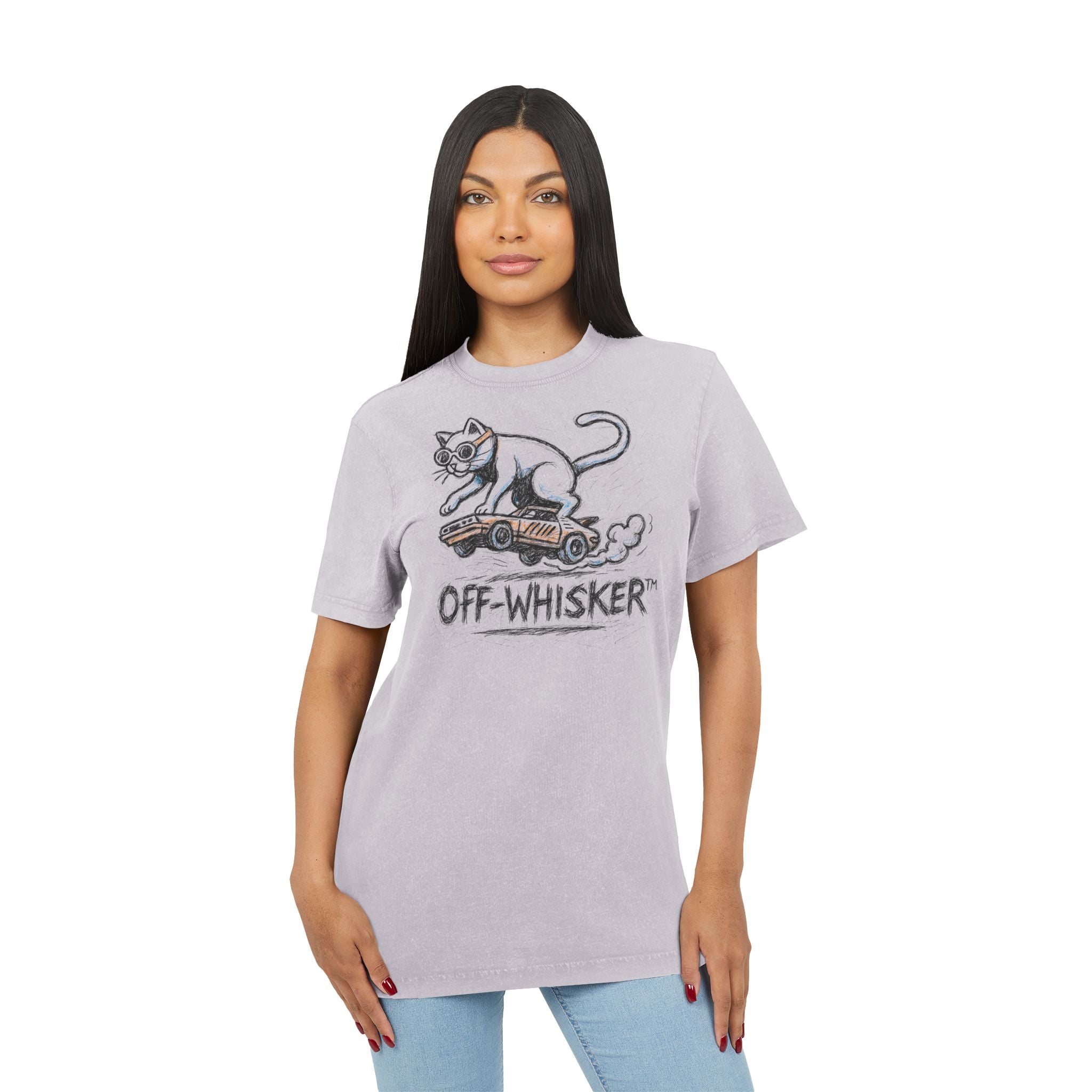 Woman wearing Off-Whisker Drift Cat Sketch Acid Washed T Shirt Soft Lilac Purple, funny t-shirts for women